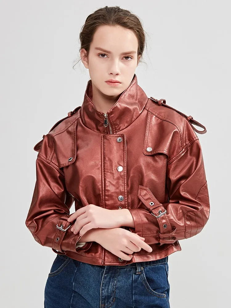 Moto Biker Light Color Synthetic Leather Loose Zipper Coat for Women