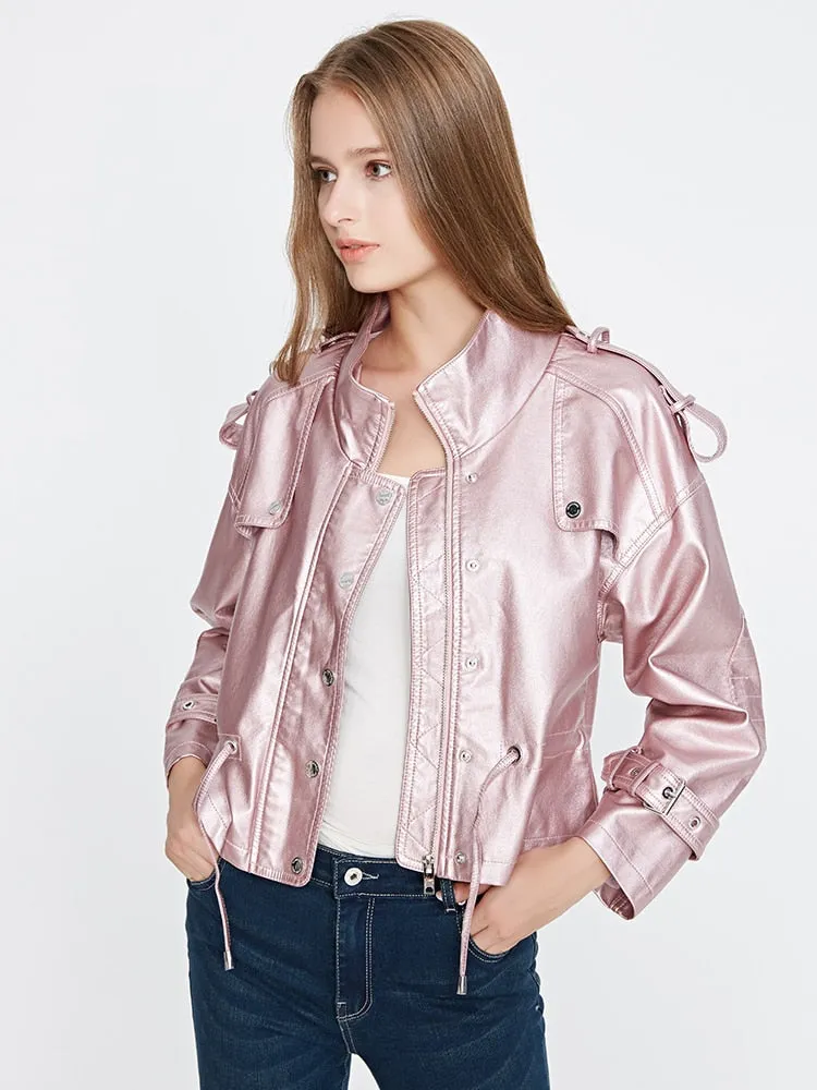 Moto Biker Light Color Synthetic Leather Loose Zipper Coat for Women