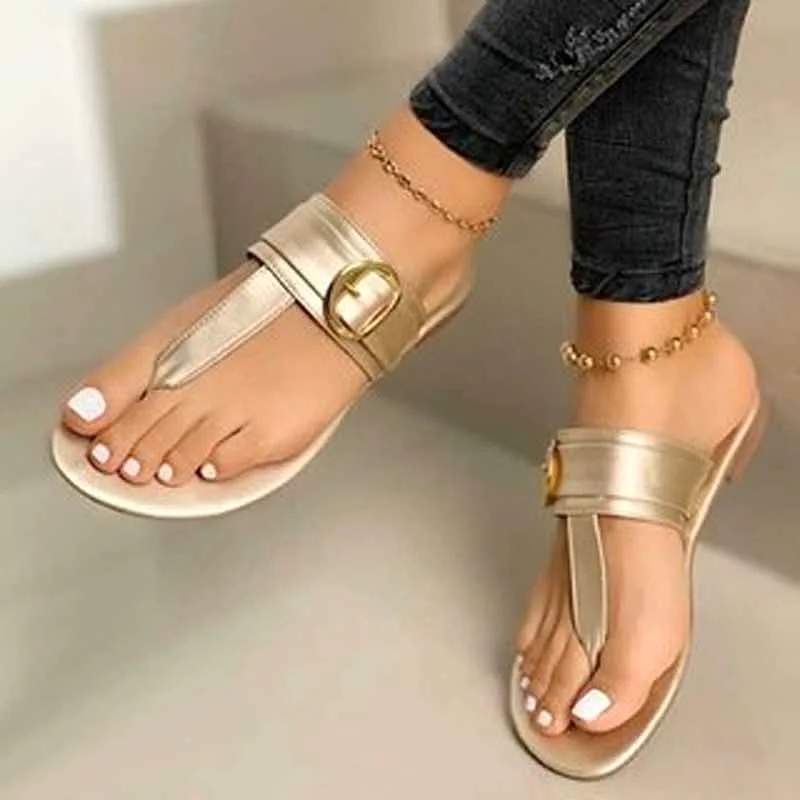 New Summer Flip Flop Sandals Metal Decoration Ladies Flat Shoes