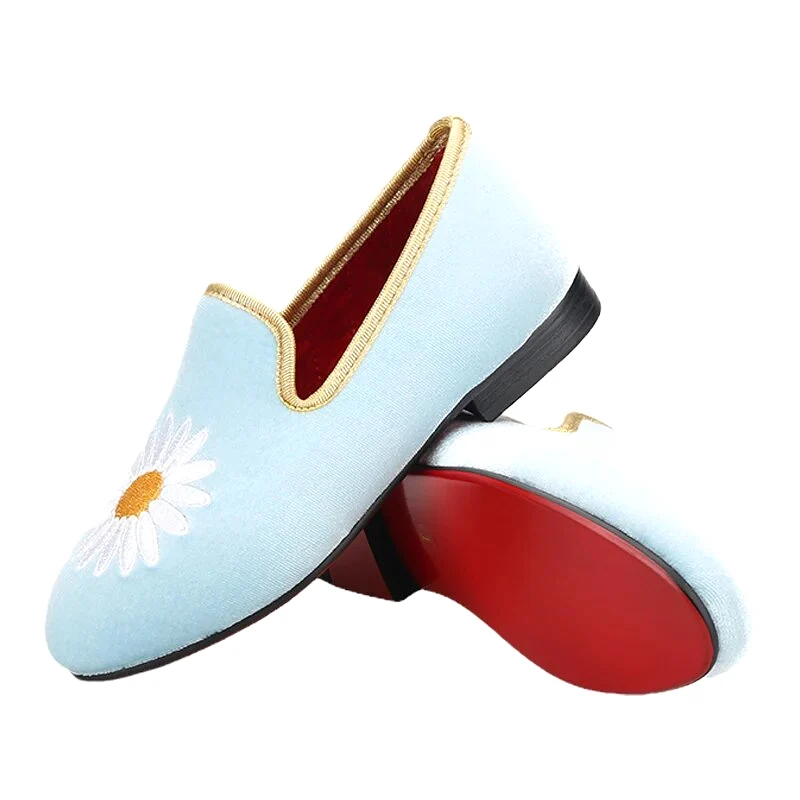 OneDrop Children Sky Blue Velvet Kid's Loafers Daisy Embroidery Handmade Toddler Birthday Shoes