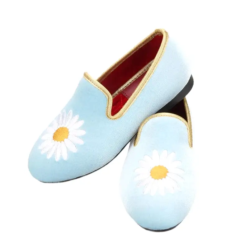 OneDrop Children Sky Blue Velvet Kid's Loafers Daisy Embroidery Handmade Toddler Birthday Shoes