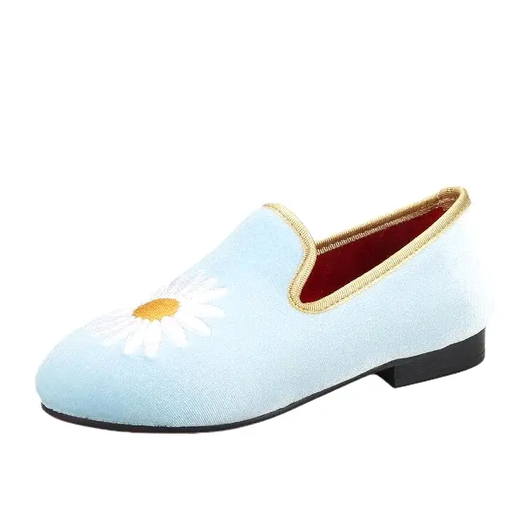 OneDrop Children Sky Blue Velvet Kid's Loafers Daisy Embroidery Handmade Toddler Birthday Shoes