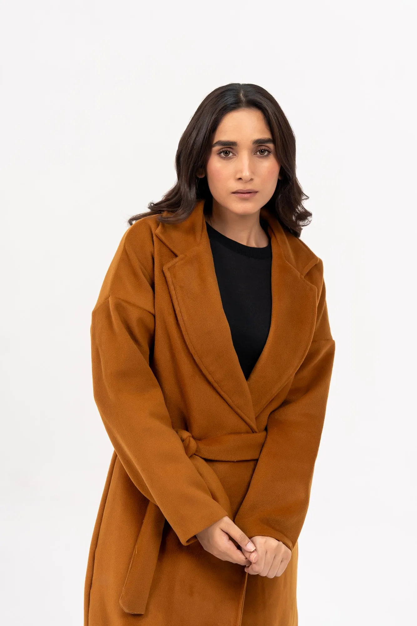 Oversized Belted Wool Coat - Mustard Brown