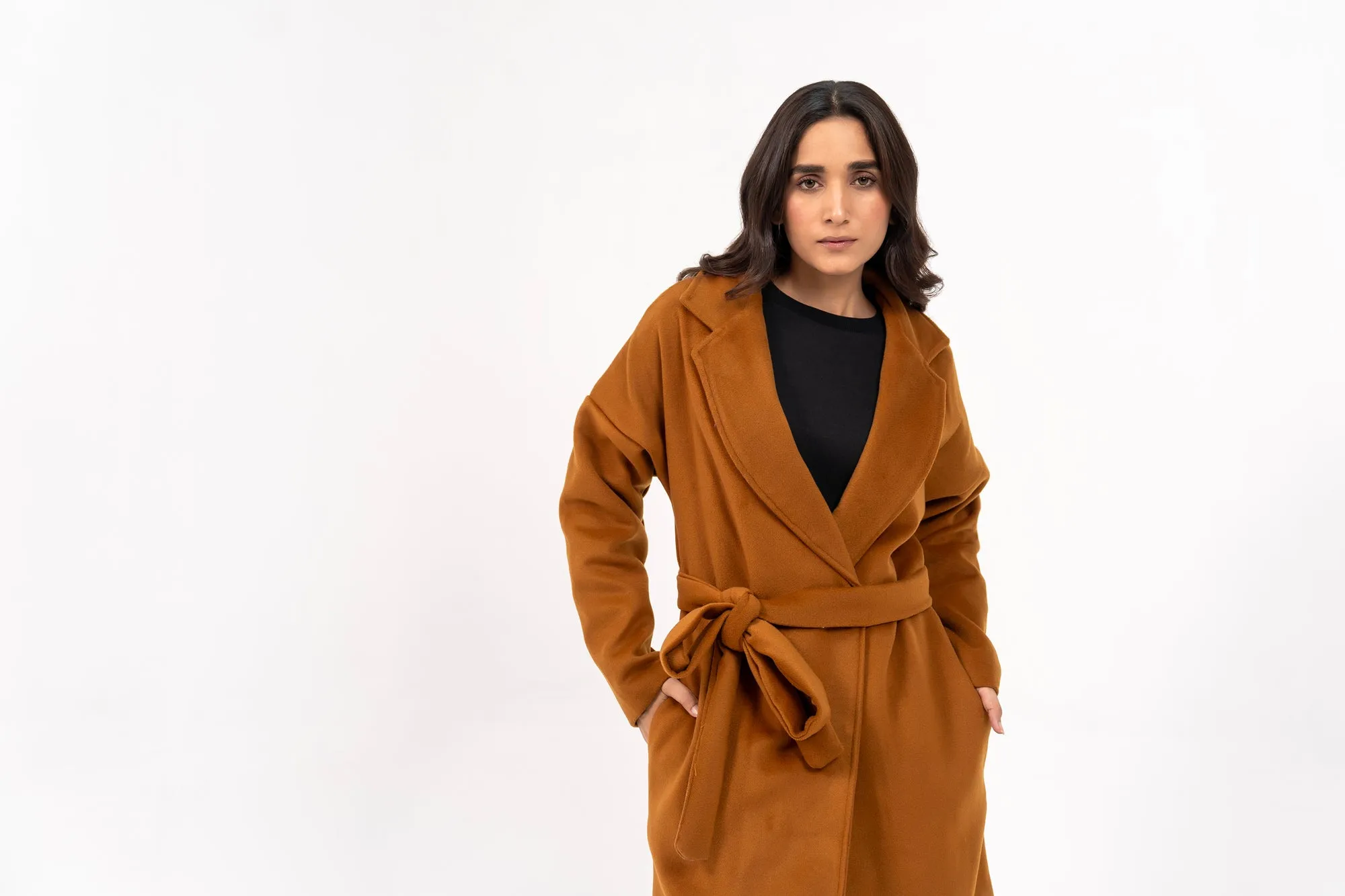 Oversized Belted Wool Coat - Mustard Brown