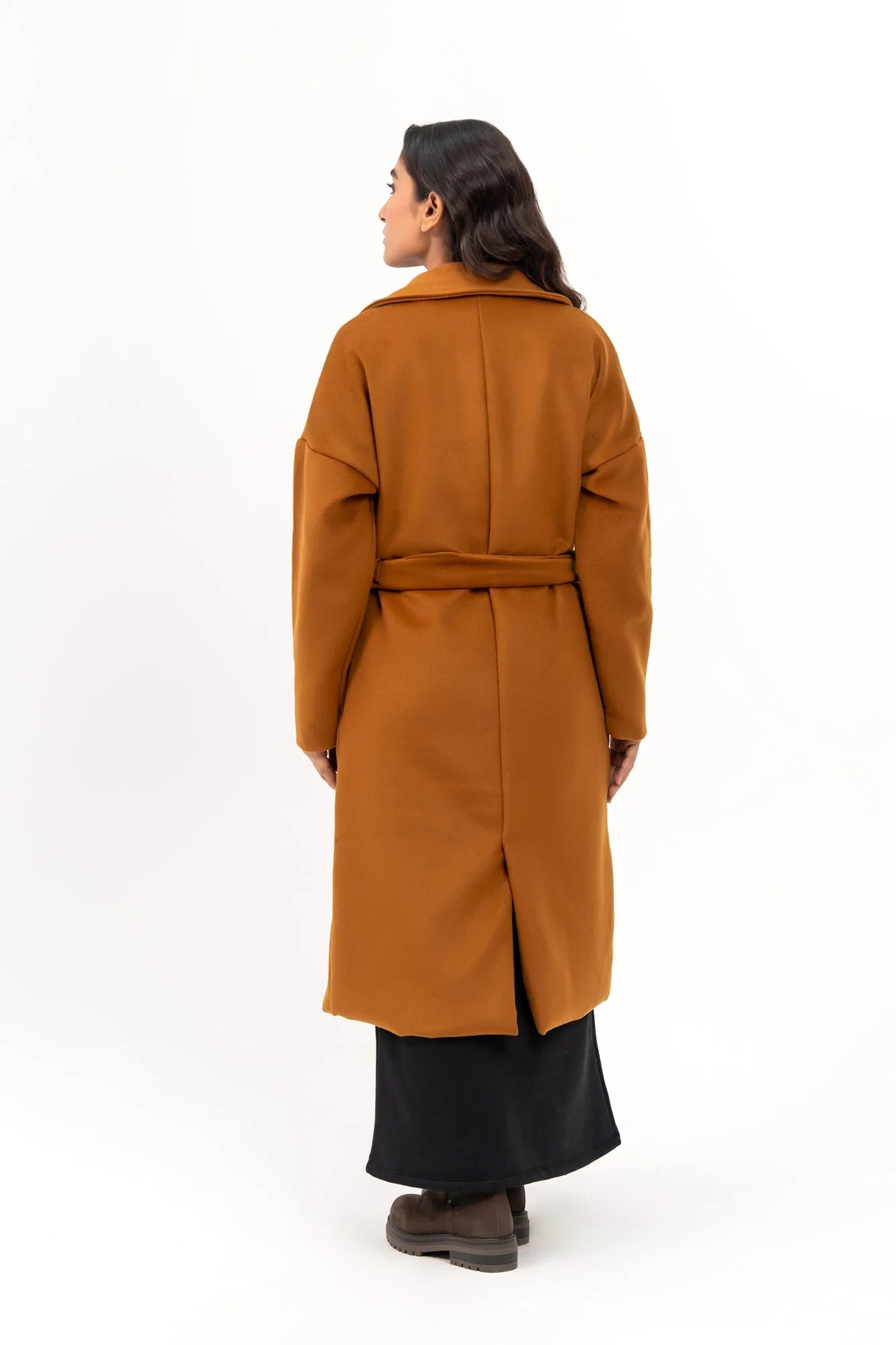 Oversized Belted Wool Coat - Mustard Brown