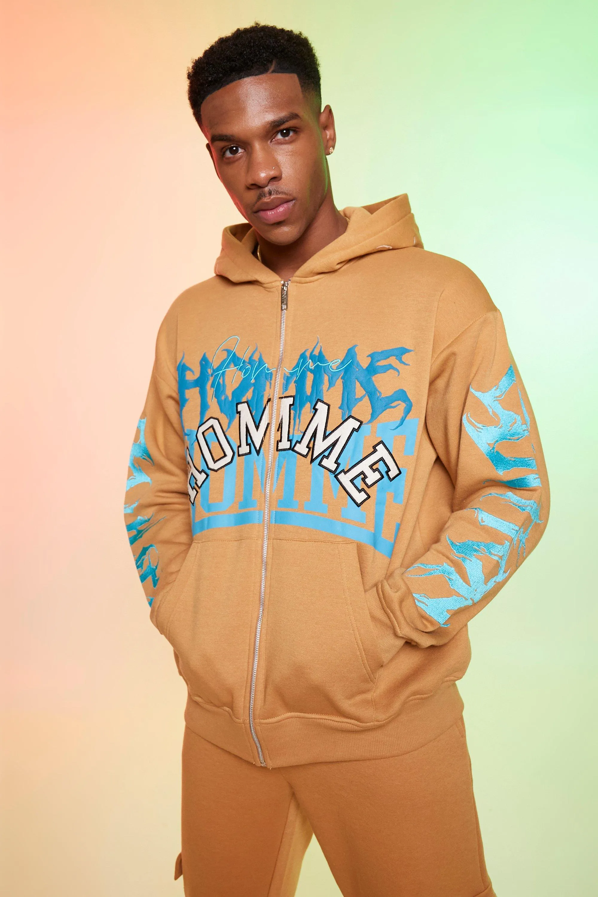 Oversized Homme Graphic Zip Through Hoodie