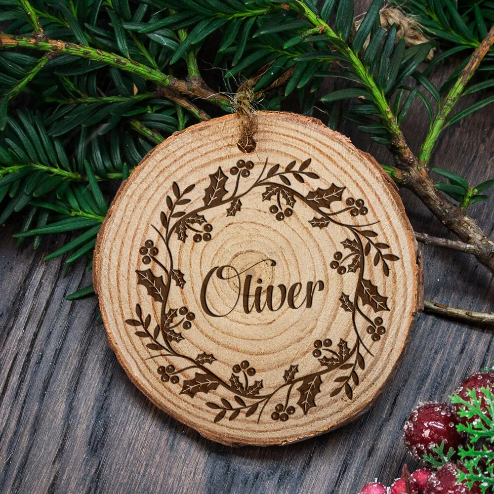 Personalised Engraved Holly Wreath Christmas Tree Decoration