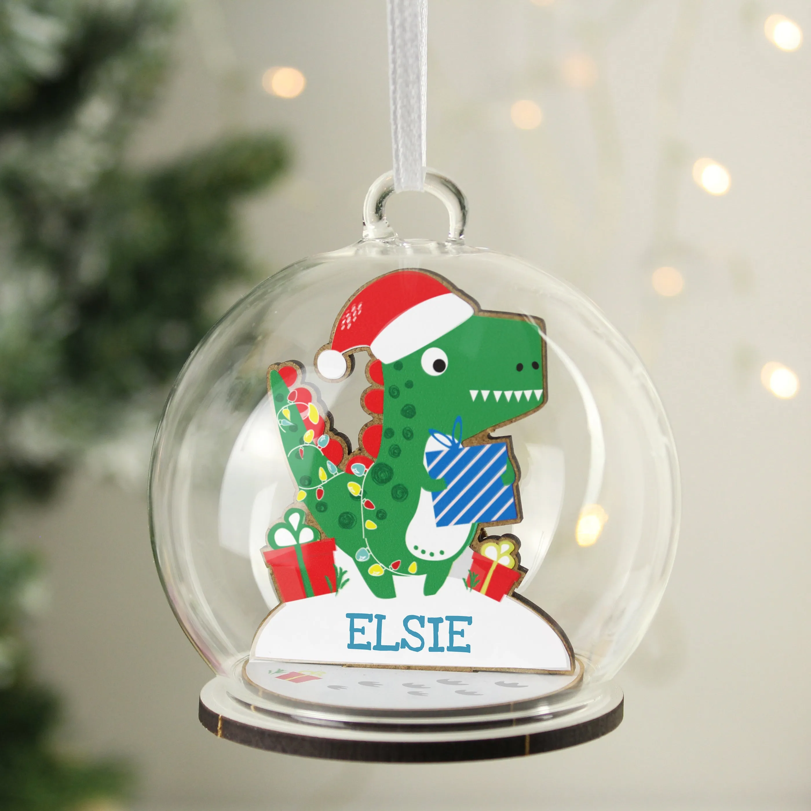 Personalised Wooden Dinosaur Glass Bauble