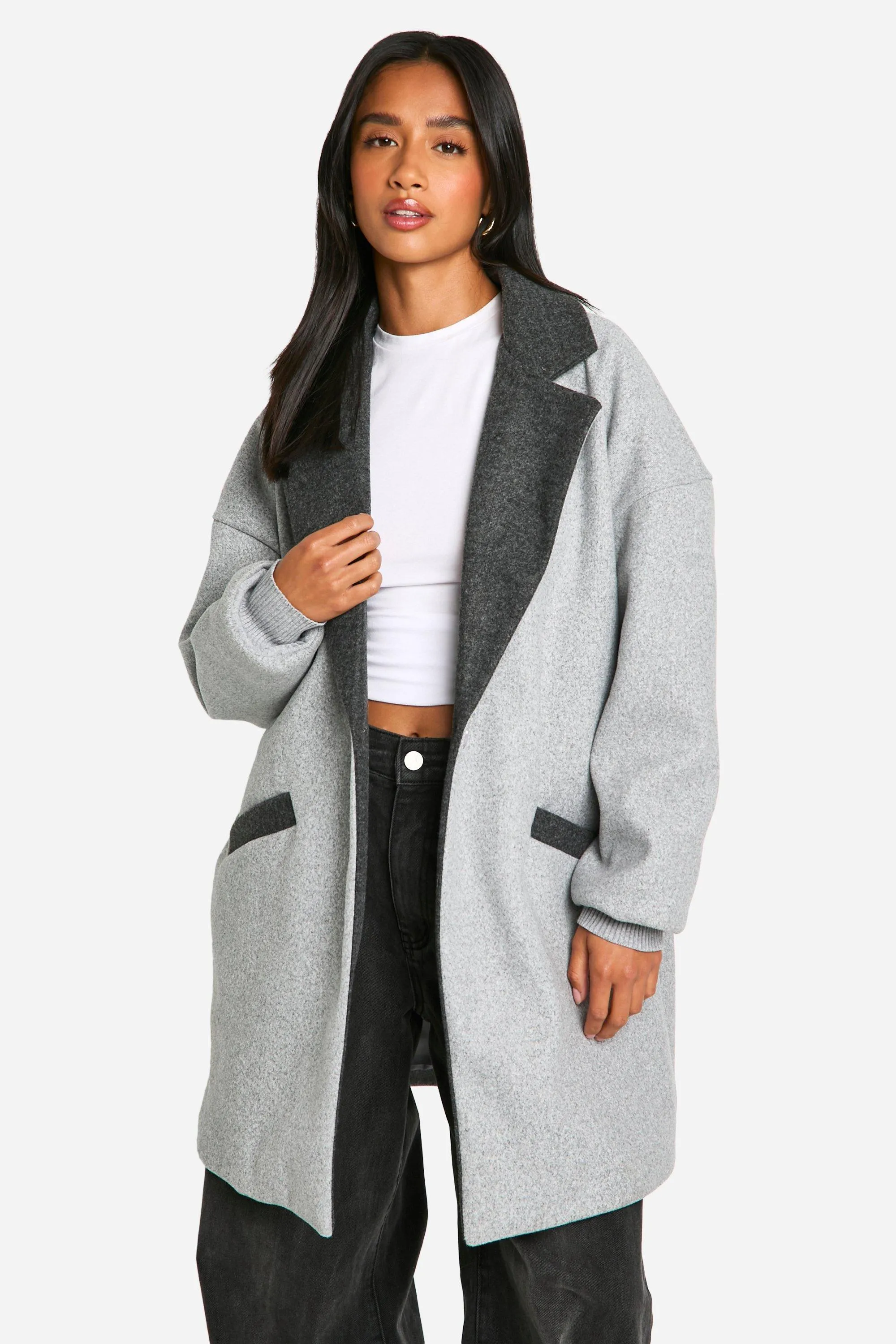 Petite Longline Contrast Collar Wool Look Coat