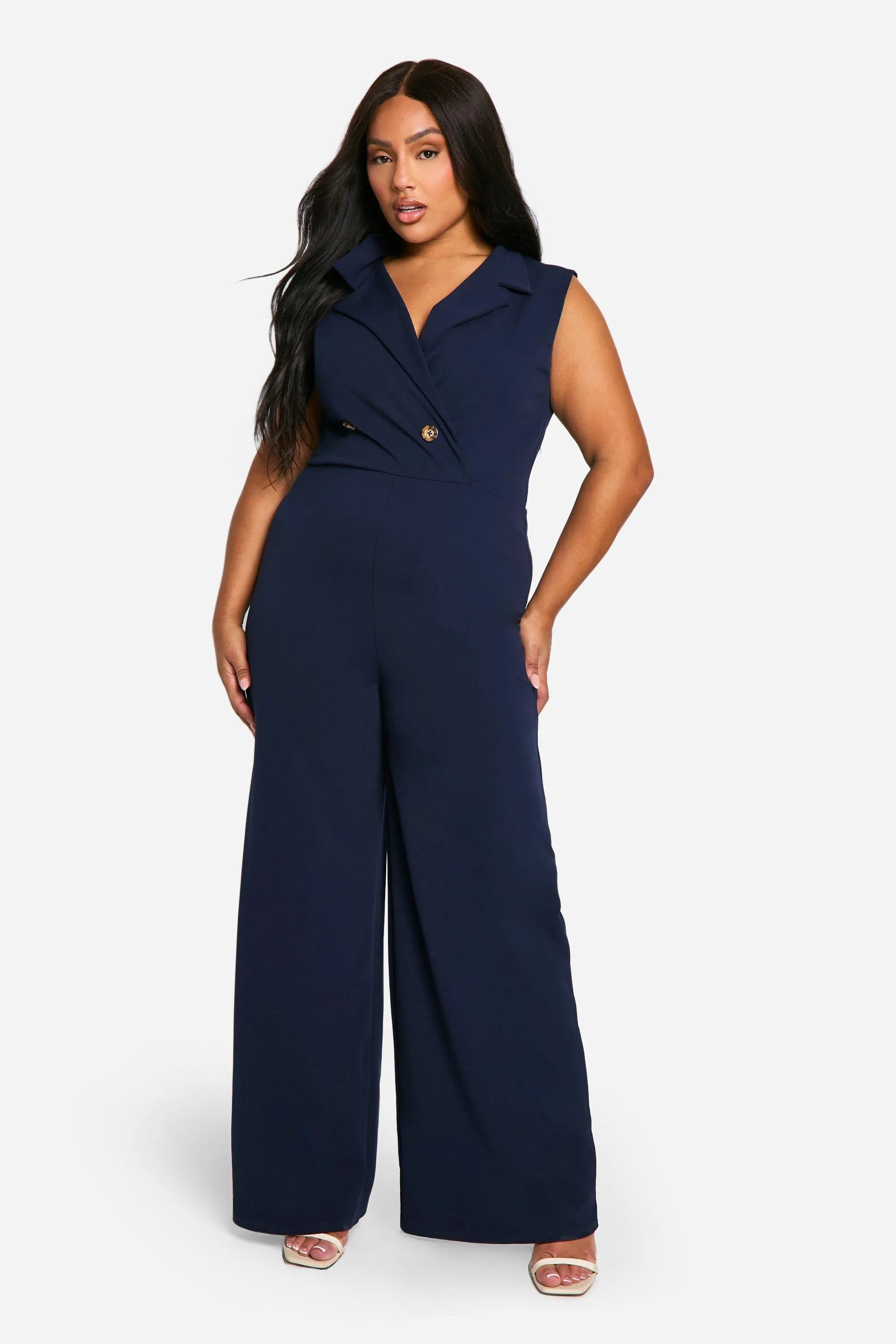 Plus Wrap Over Waist Coat Wide Leg Jumpsuit