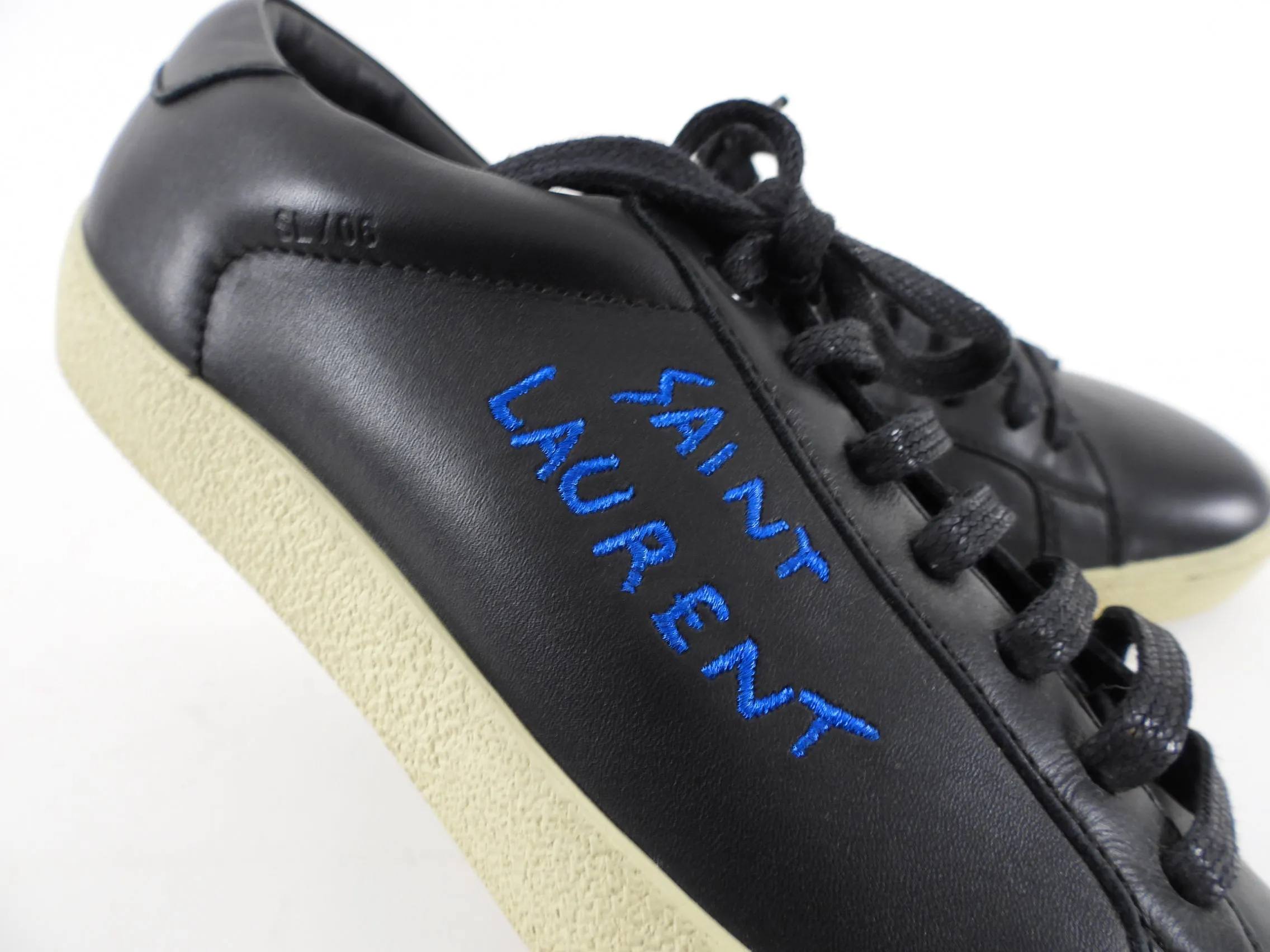 Saint Laurent Black Leather Sneakers with Blue Embroidered Logo - 39 / 8.5