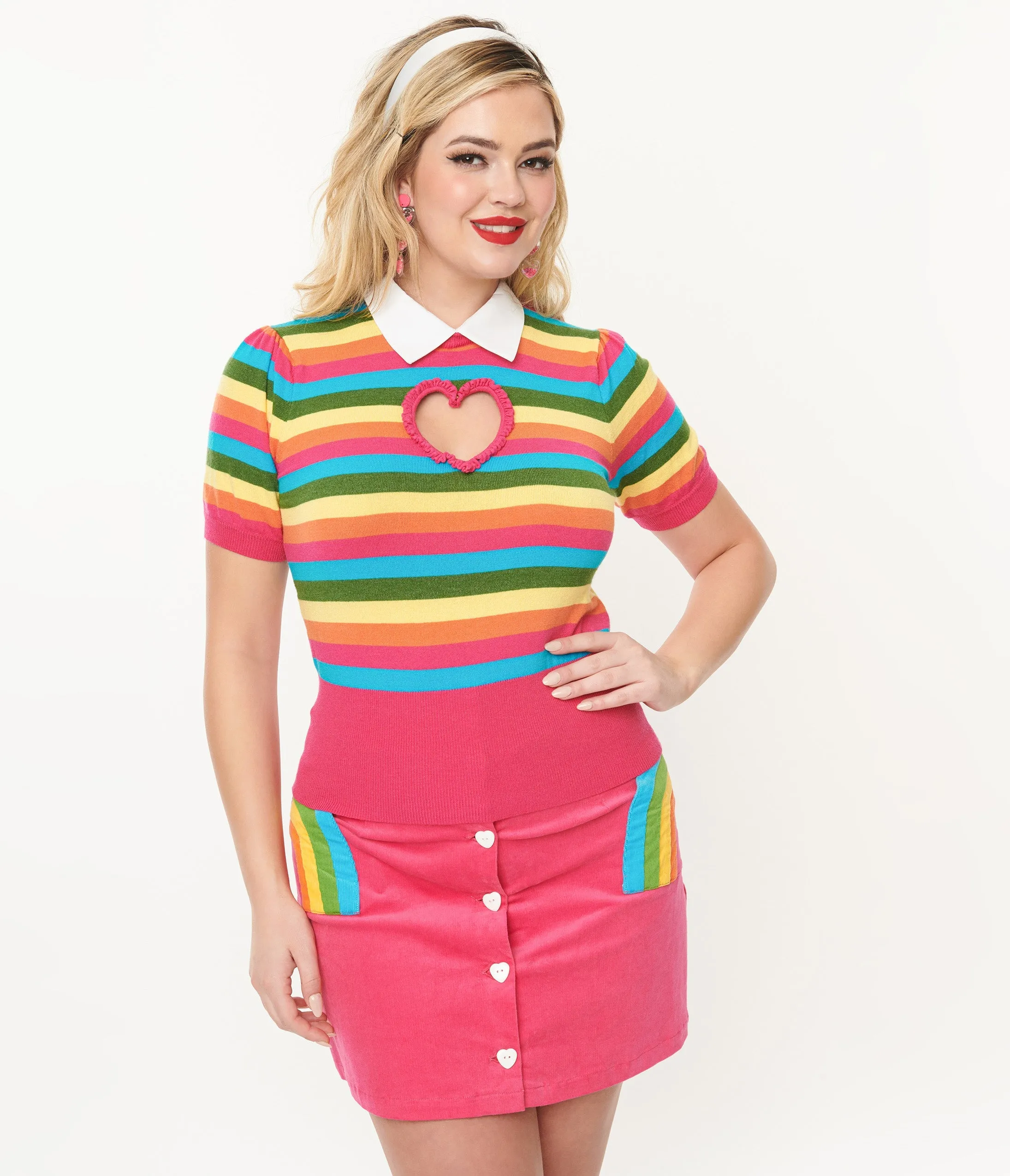 Smak Parlour 1950s Rainbow Stripe Heart Sweater