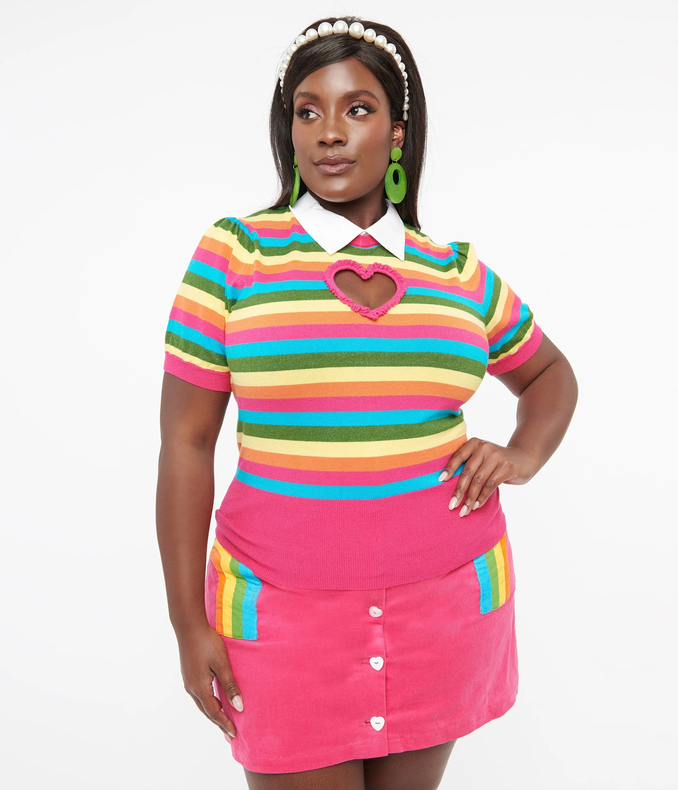 Smak Parlour Plus Size 1950s Rainbow Stripe Heart Sweater