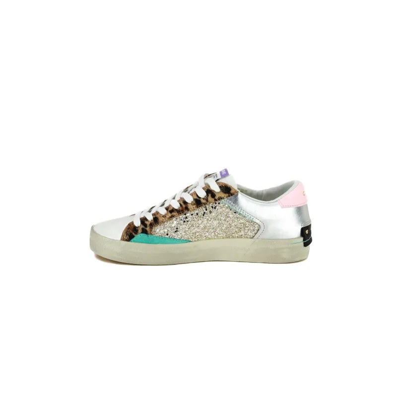 SNEAKERS DONNA PELLE INSERTI CAVALLINO ANIMALIER, BIANCO