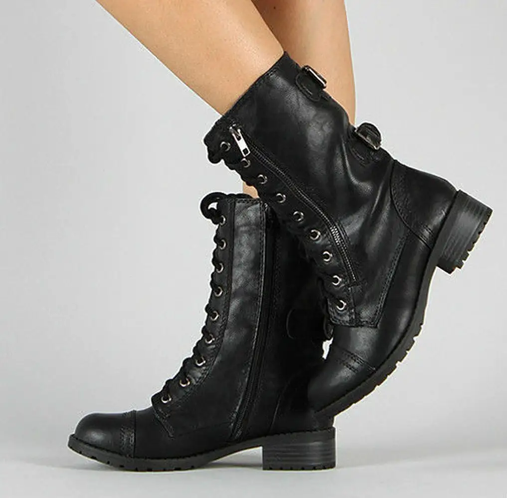 Soda Dome Black Vegan Leather Zipper Military Lace Up Mid Calf Combat Boots