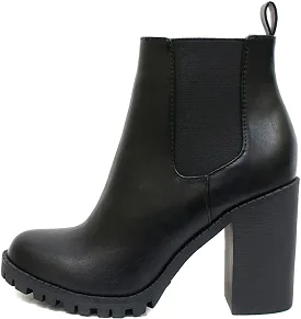 Soda Glove Chelsea w/Lug Sole Elastic Gore Chunky Heeled Ankle Boots Black