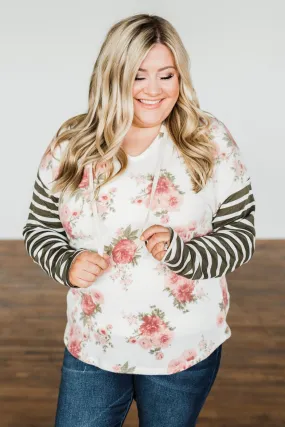 Sweeter Than Honey Floral Stripped Hoodie- Forest Green, Ivory, Mauve