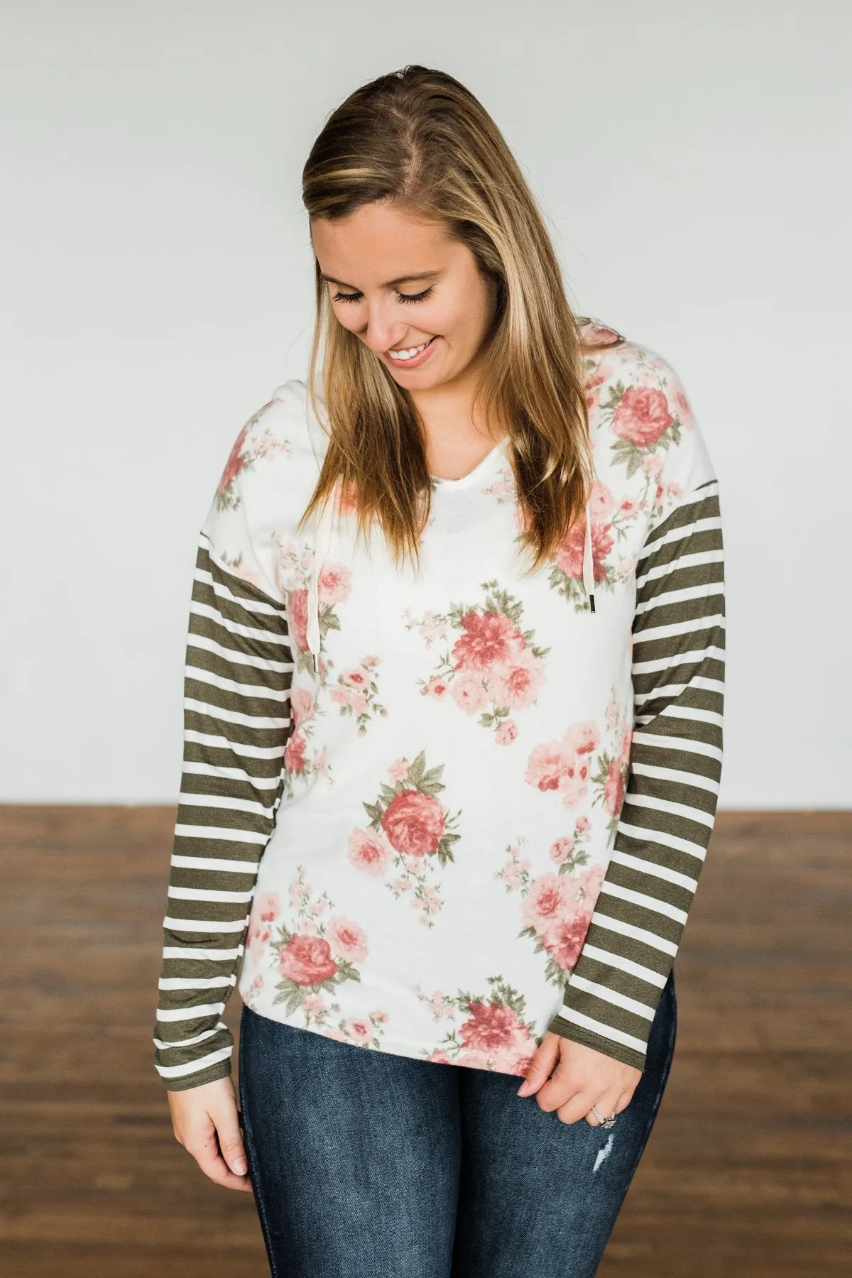 Sweeter Than Honey Floral Stripped Hoodie- Forest Green, Ivory, Mauve