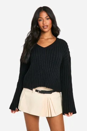 Tall Ribbed V Neck Cropped Knitted Sweater