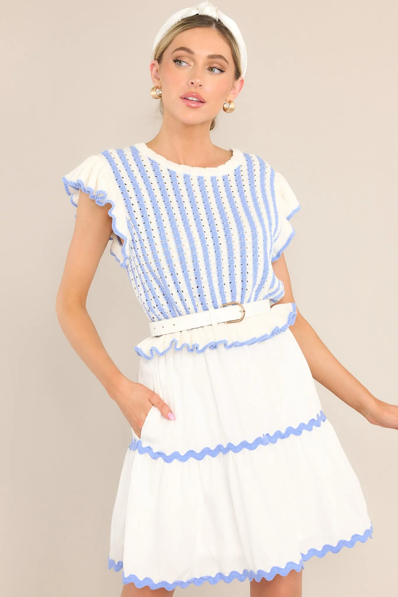 Treasured Times Light Blue Stripe Sweater Mini Dress