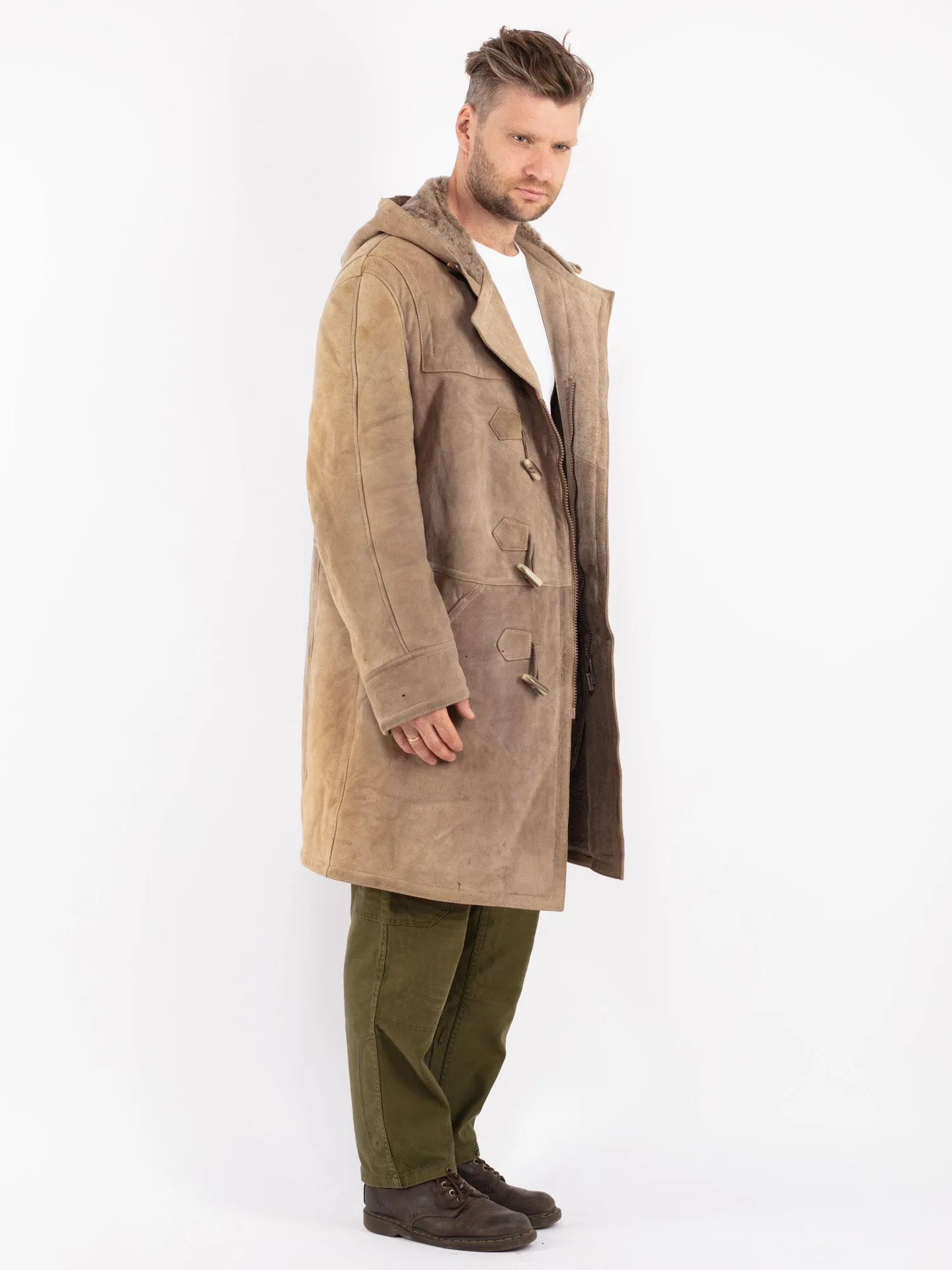 Vintage 70's Men Hooded Sheepskin Coat in Beige