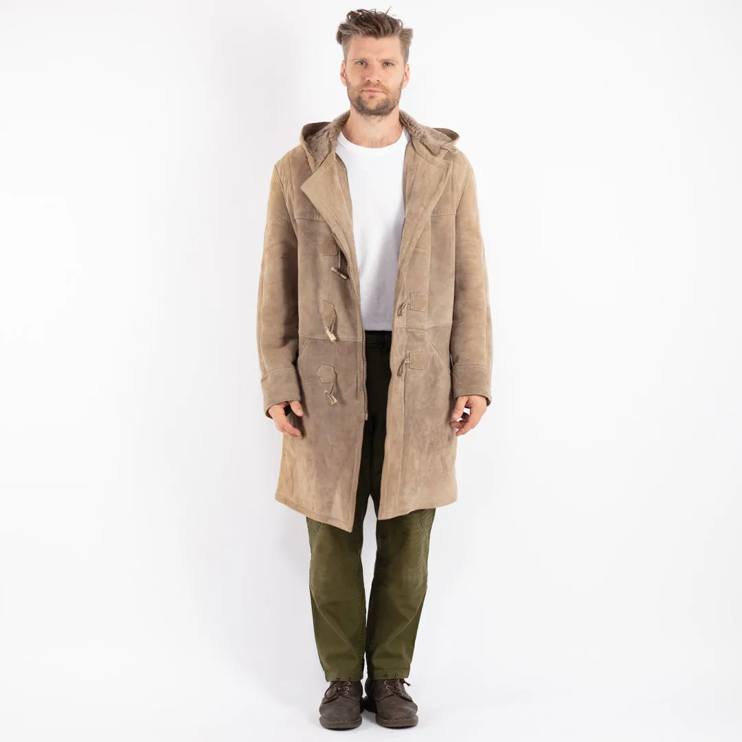 Vintage 70's Men Hooded Sheepskin Coat in Beige