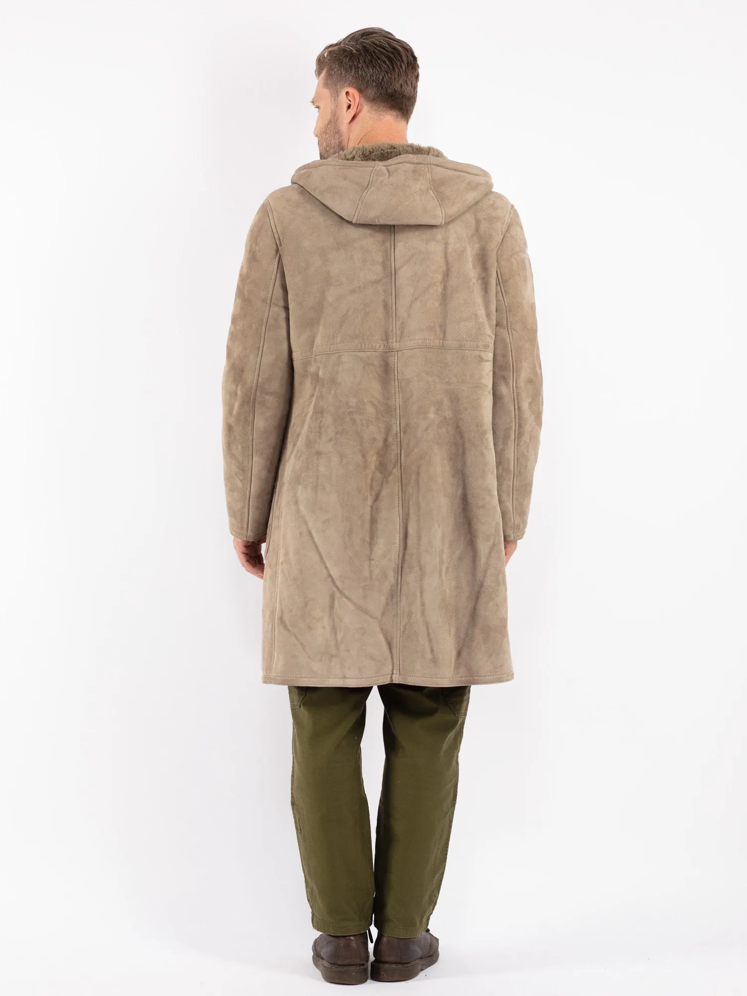 Vintage 70's Men Hooded Sheepskin Coat in Sage Green