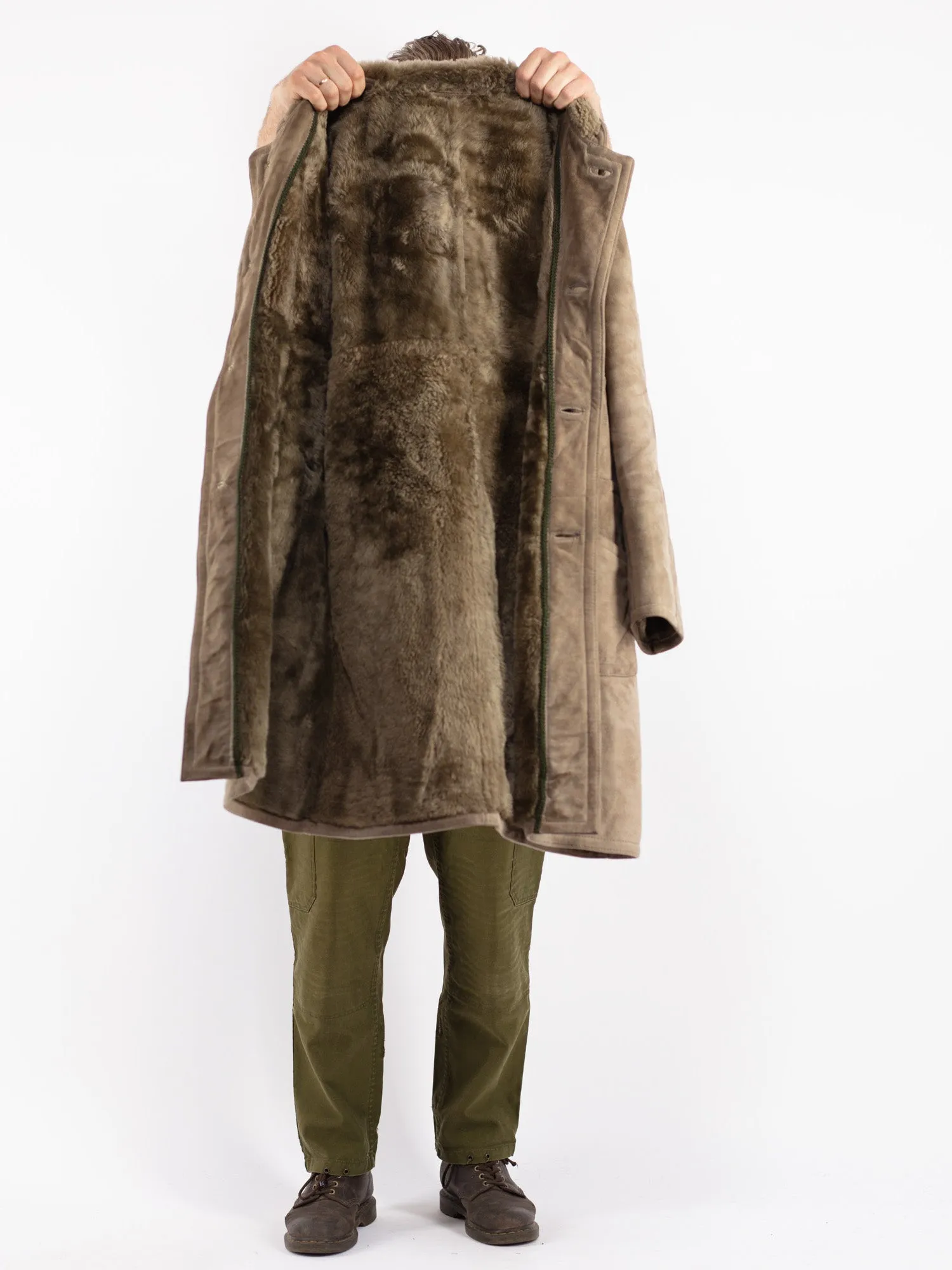 Vintage 70's Men Hooded Sheepskin Coat in Sage Green