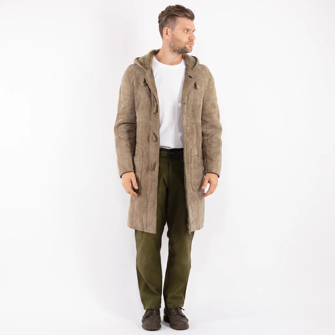 Vintage 70's Men Hooded Sheepskin Coat in Sage Green