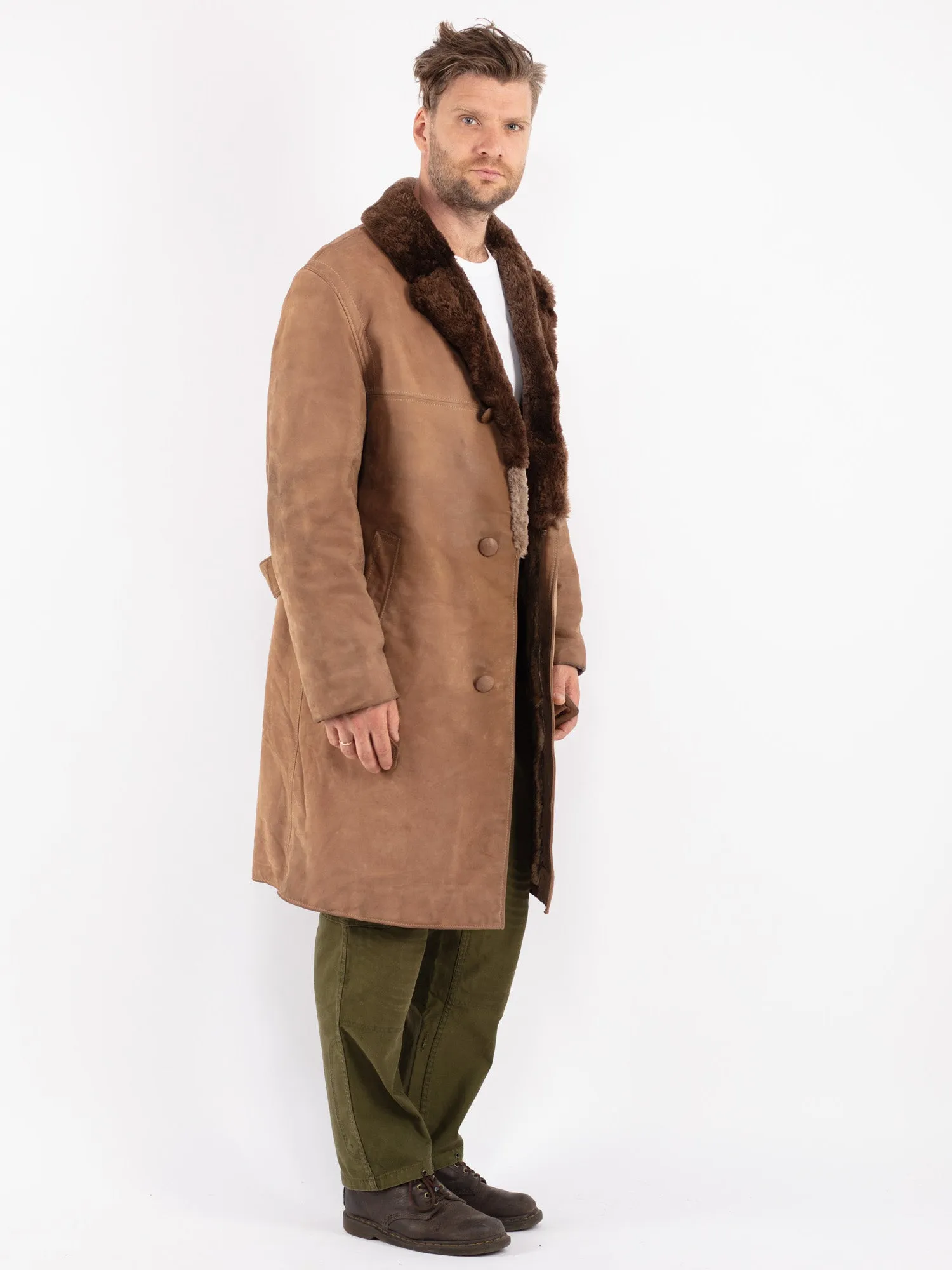 Vintage 70's Men Leather Fur Coat in Beige