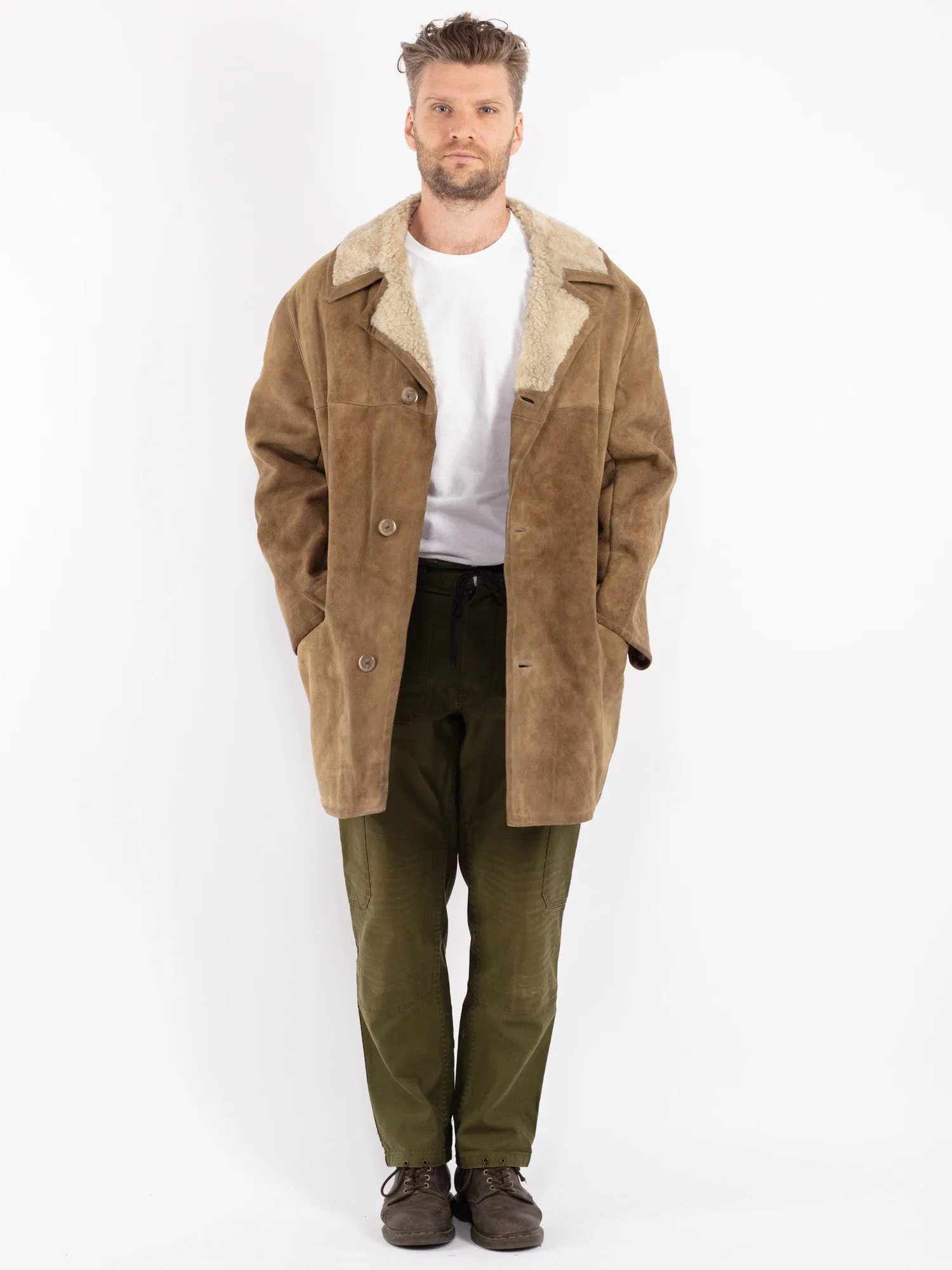 Vintage 70's Men Sheepskin Coat in Khaki