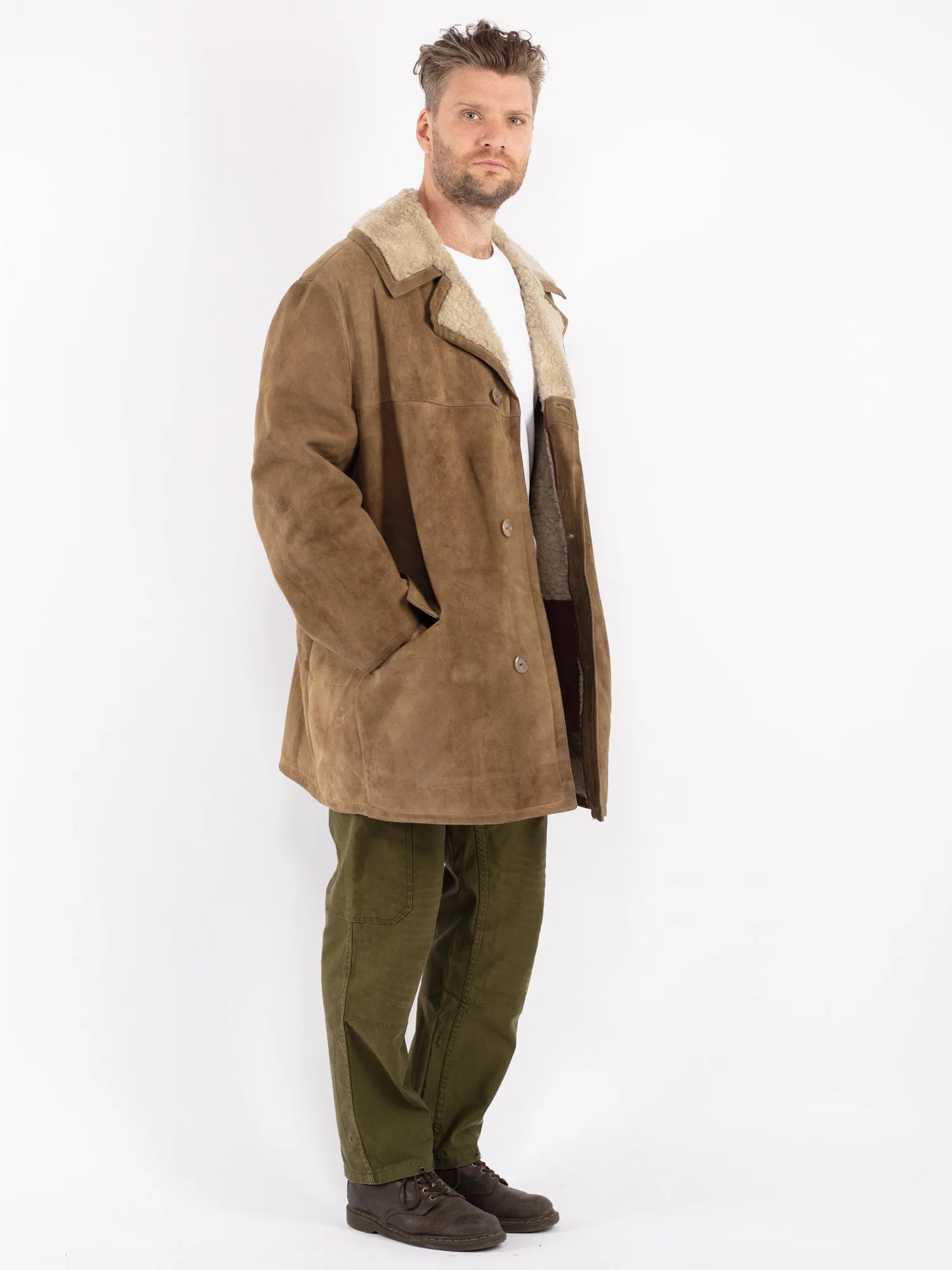 Vintage 70's Men Sheepskin Coat in Khaki