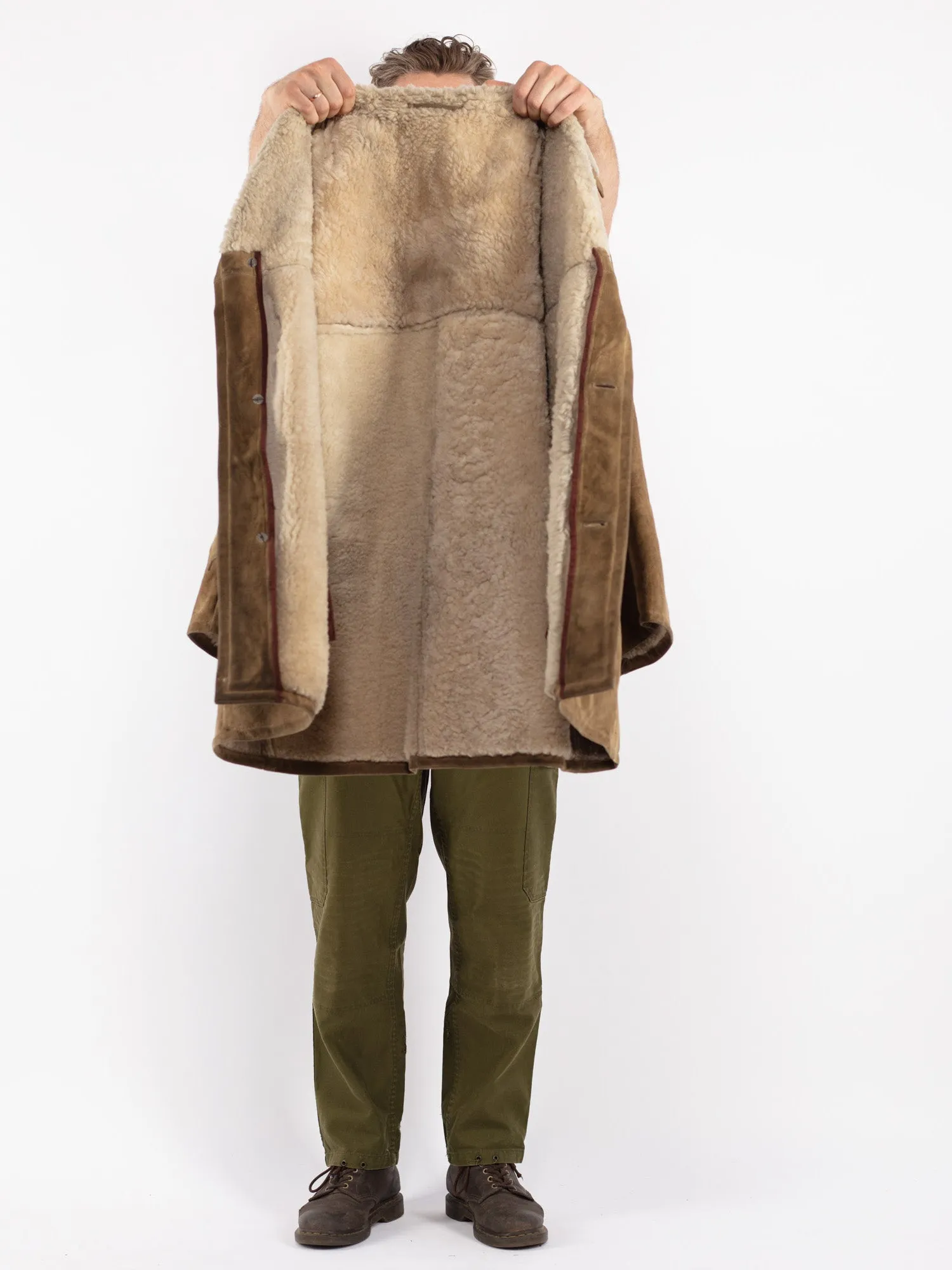 Vintage 70's Men Sheepskin Coat in Khaki