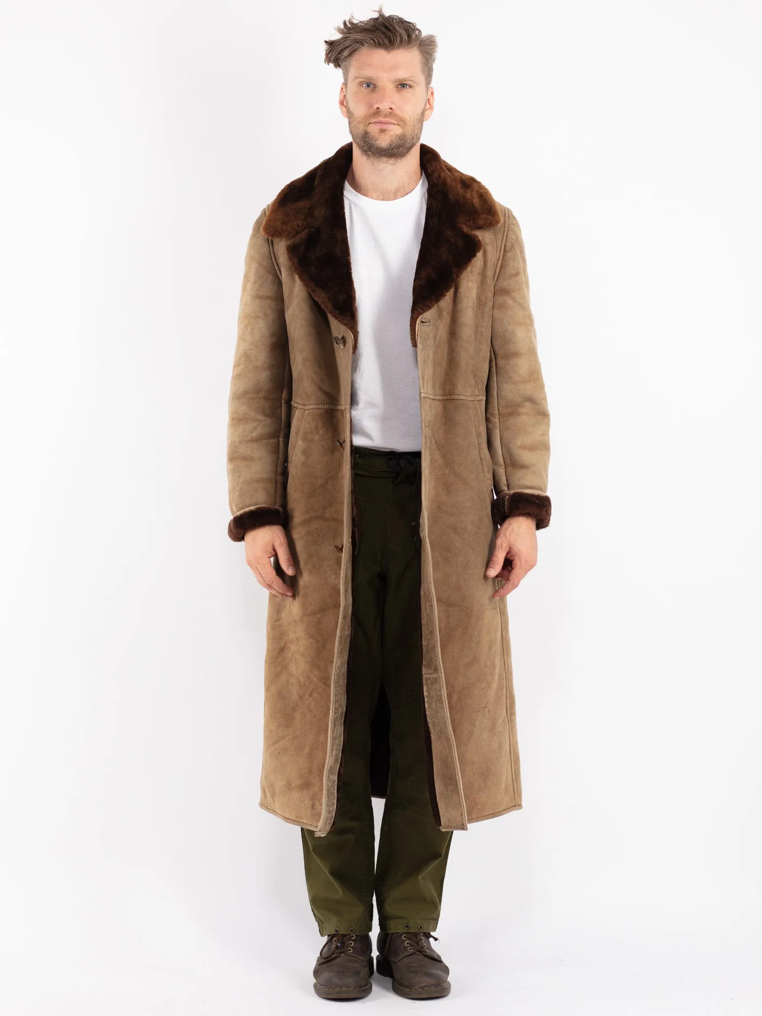 Vintage 70's Men Sheepskin Long Coat in Beige