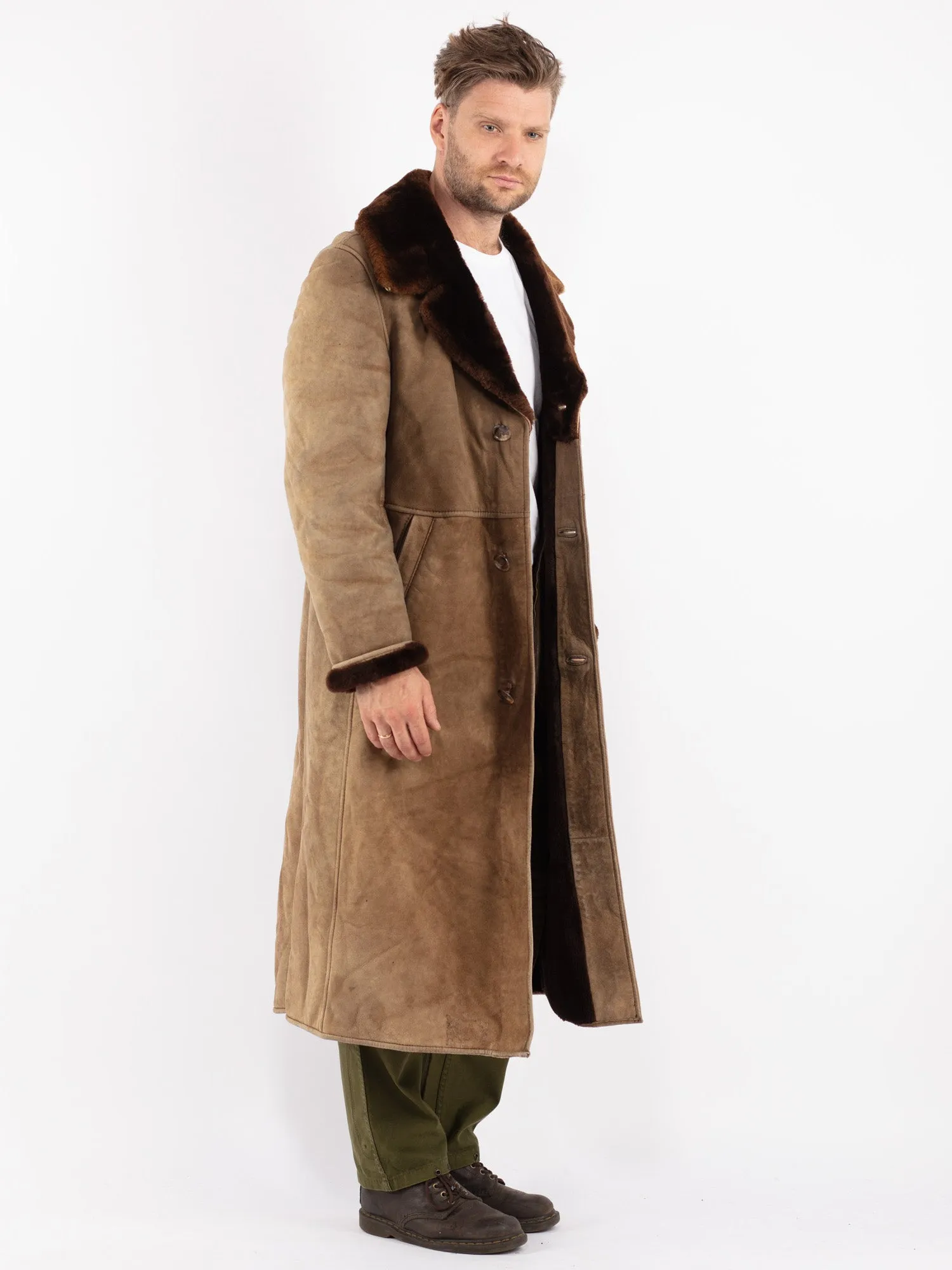 Vintage 70's Men Sheepskin Long Coat in Beige