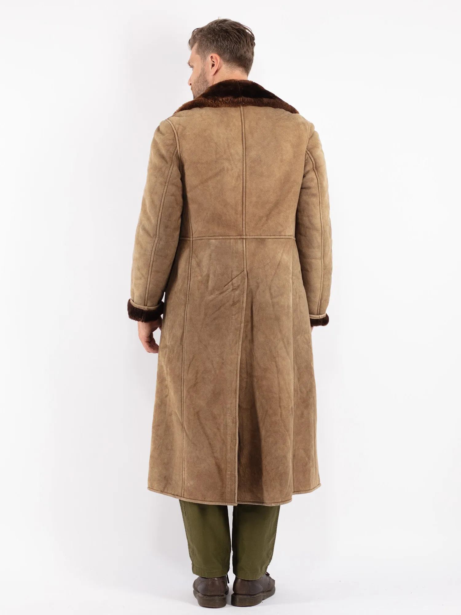 Vintage 70's Men Sheepskin Long Coat in Beige