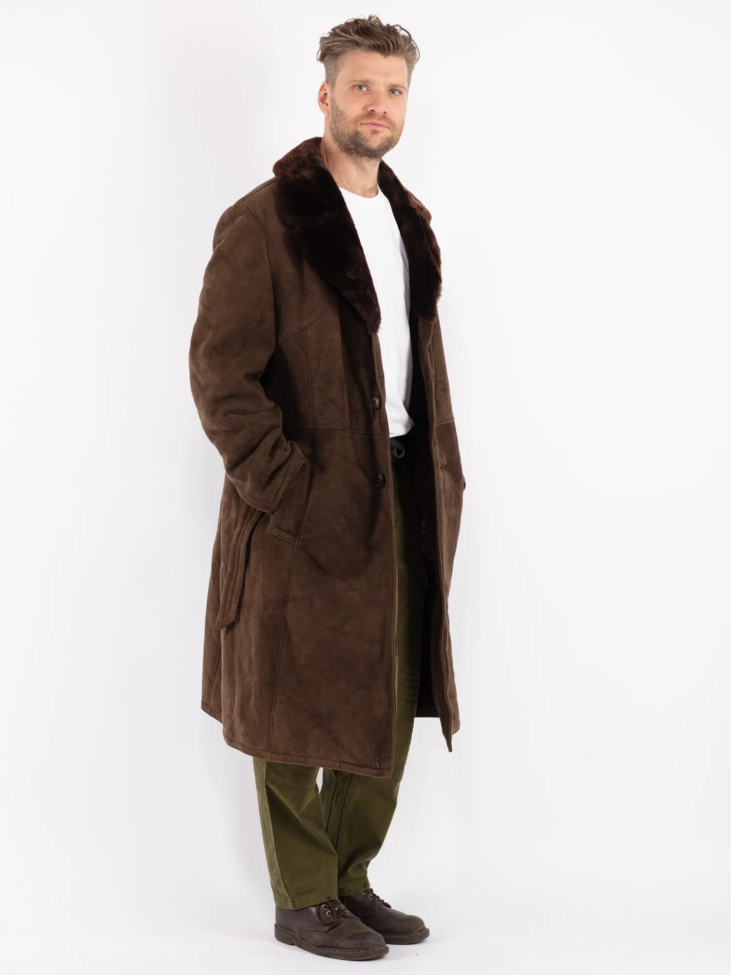 Vintage 70's Men Sheepskin Long Coat in Brown