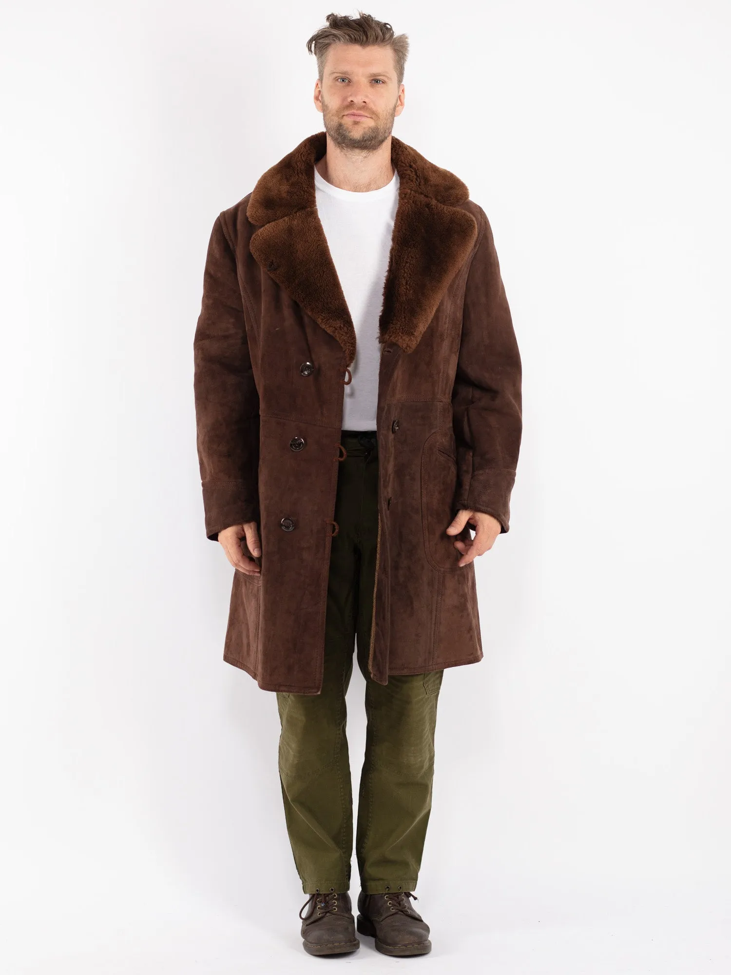 Vintage 70's Men Sheepskin Shearling Coat in Brown