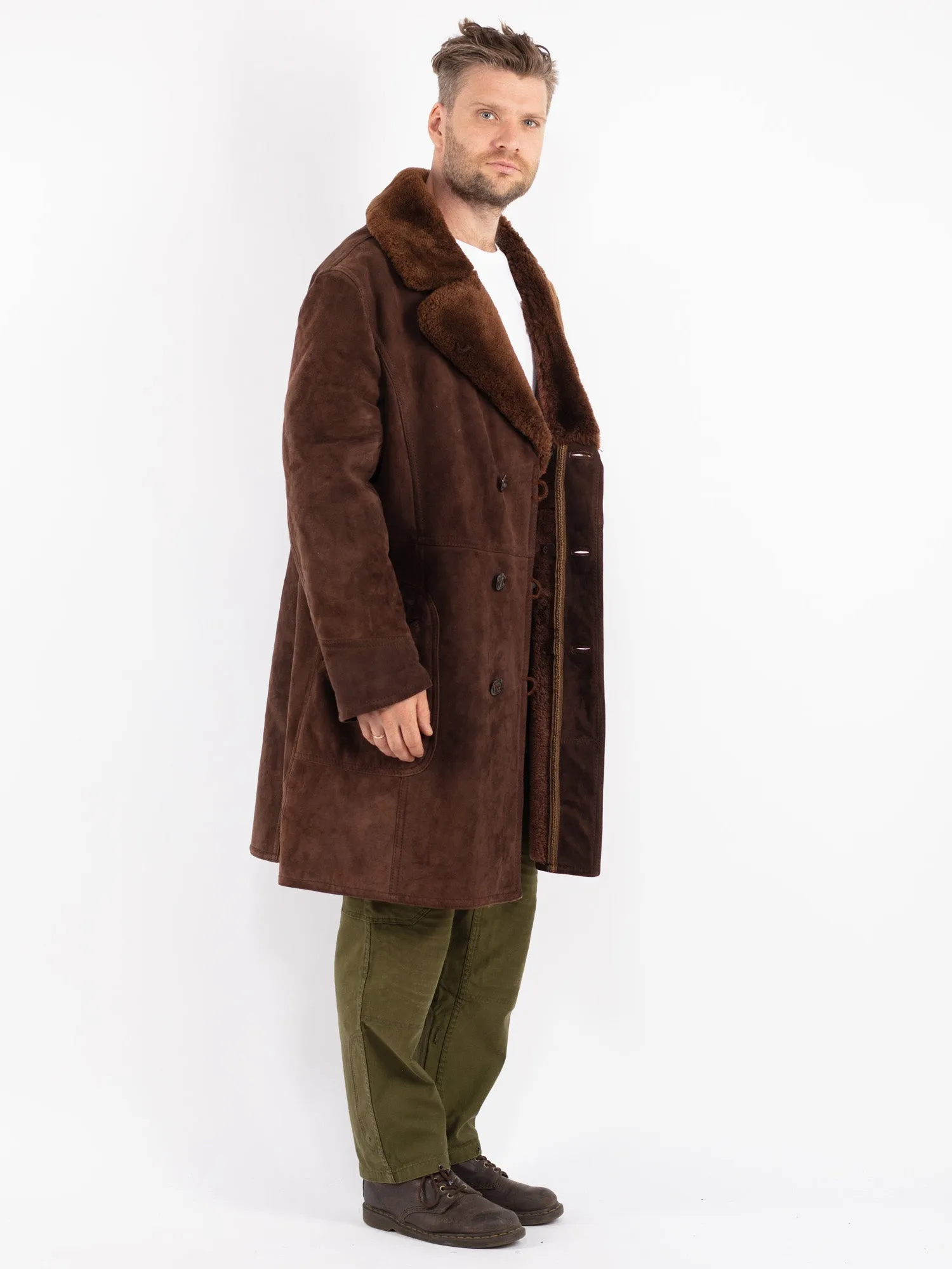 Vintage 70's Men Sheepskin Shearling Coat in Brown