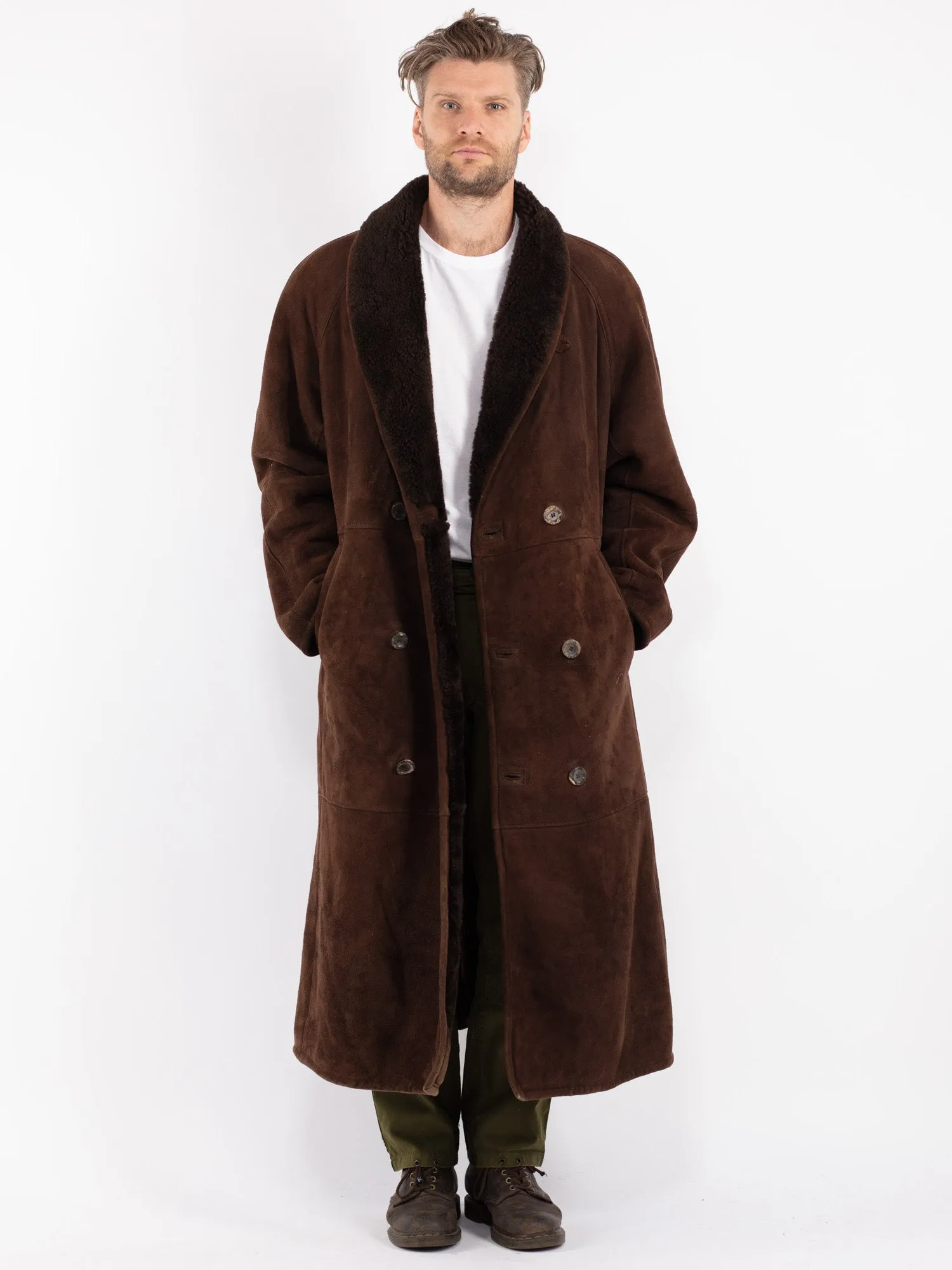 Vintage 80's Men Shearling Maxi Coat in Brown