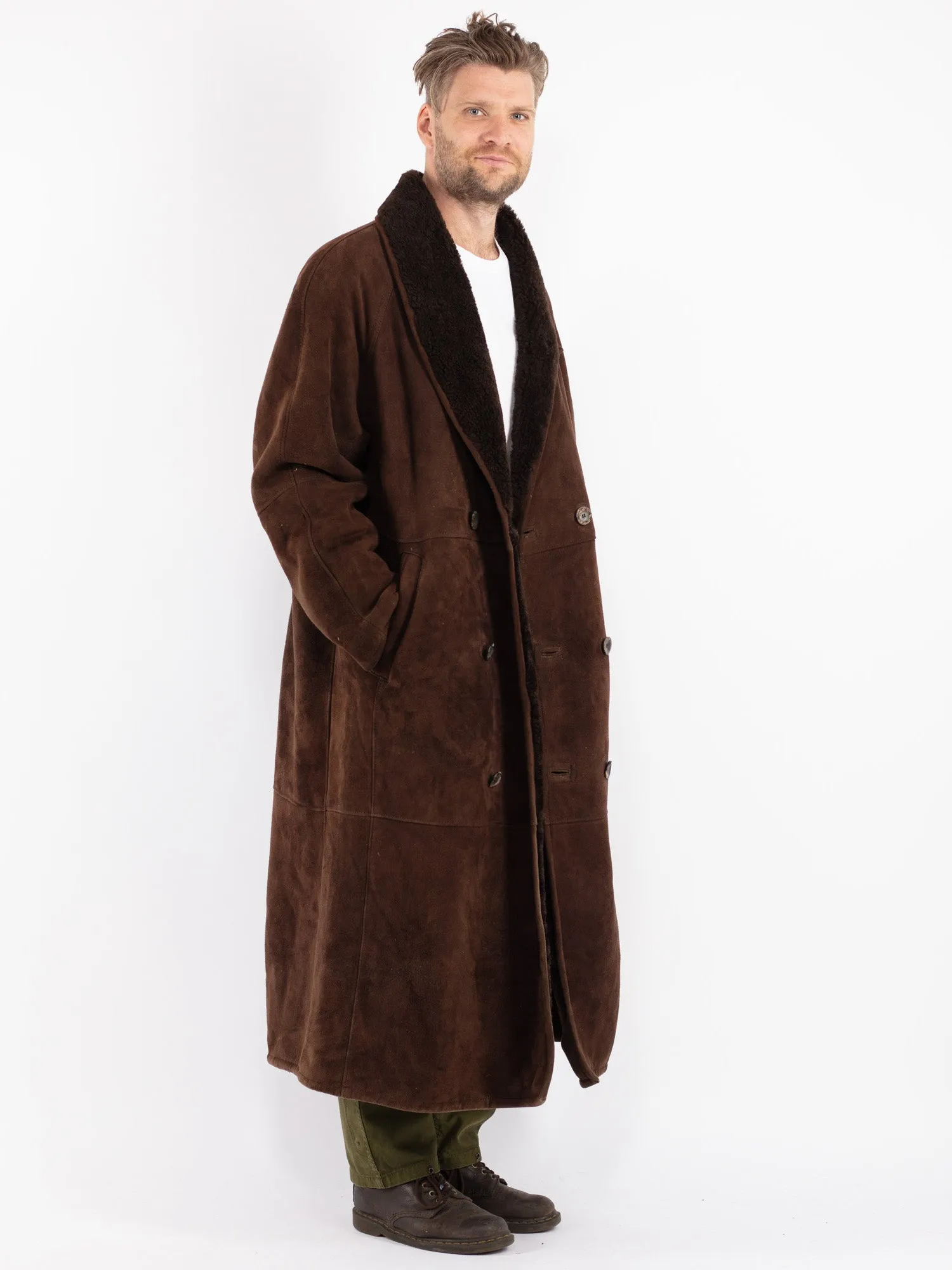 Vintage 80's Men Shearling Maxi Coat in Brown