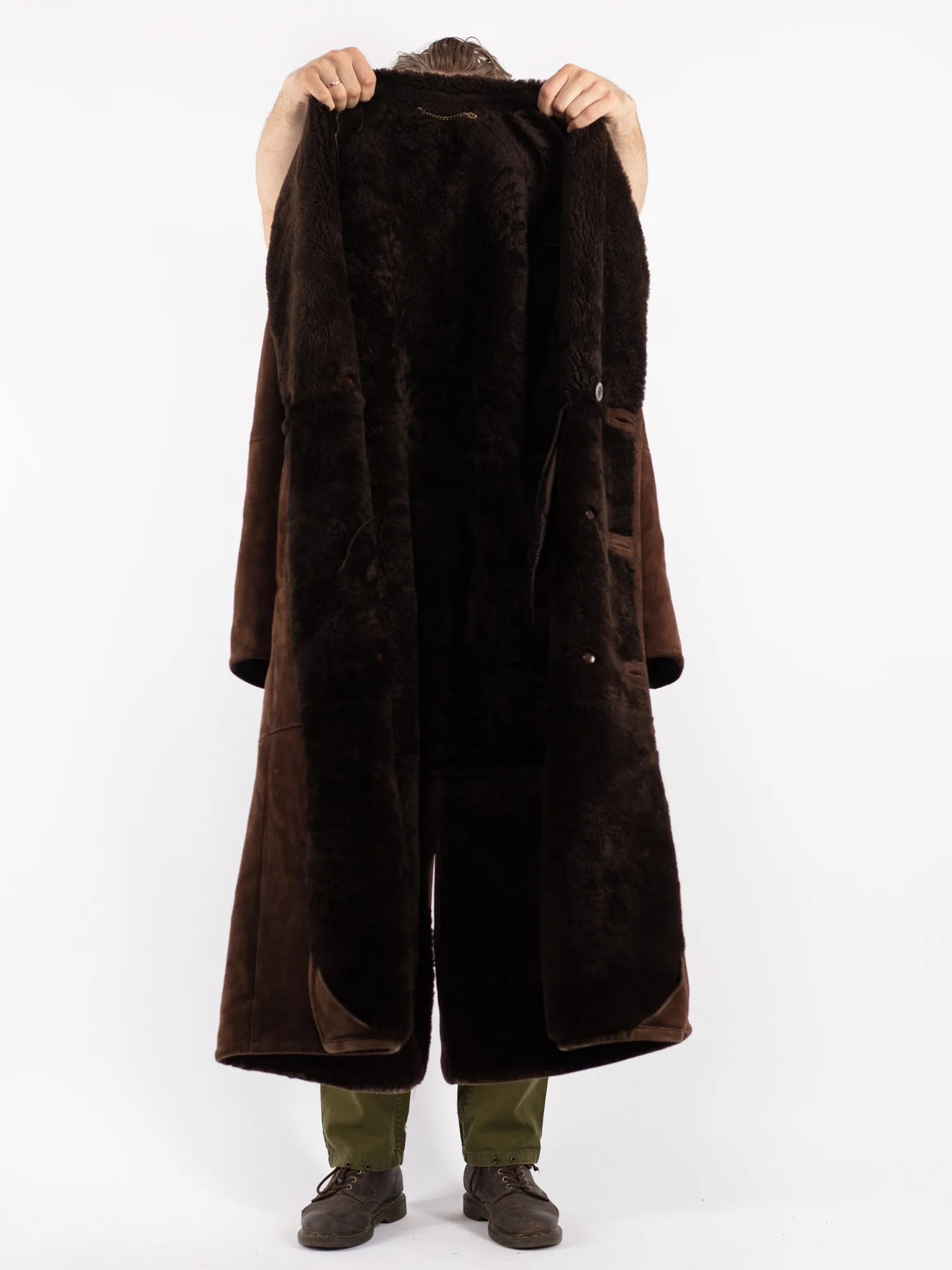 Vintage 80's Men Shearling Maxi Coat in Brown