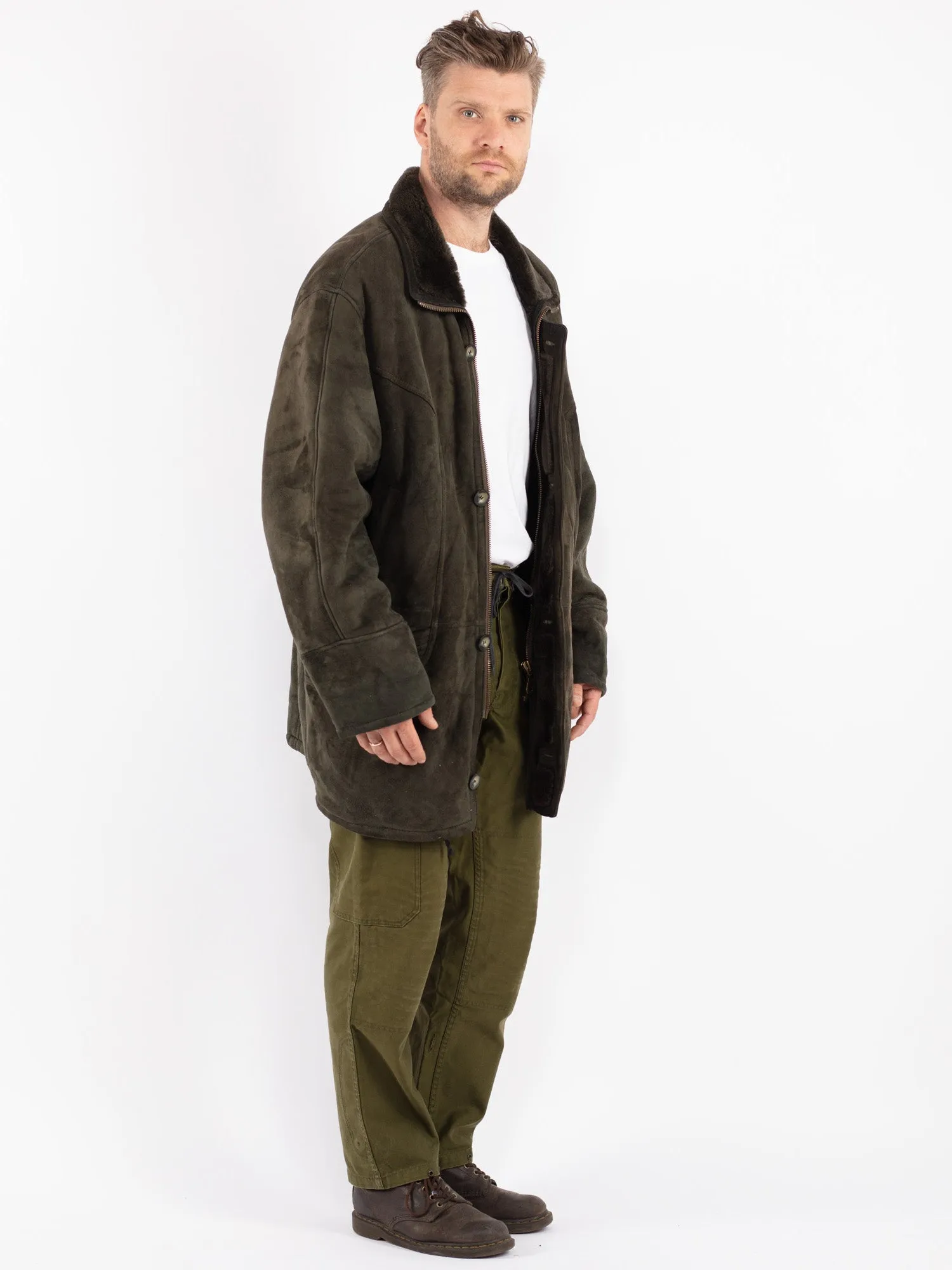 Vintage 80's Men Sheepskin Coat in Green