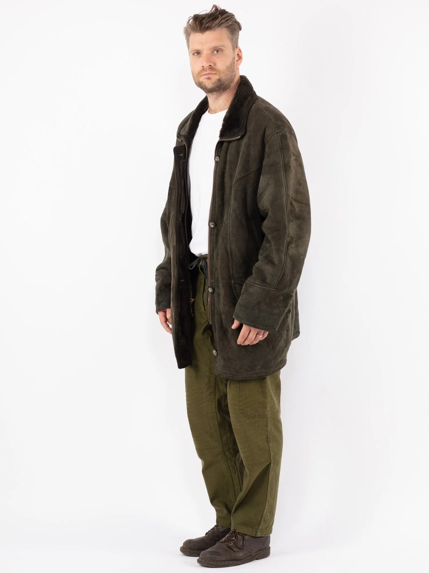 Vintage 80's Men Sheepskin Coat in Green