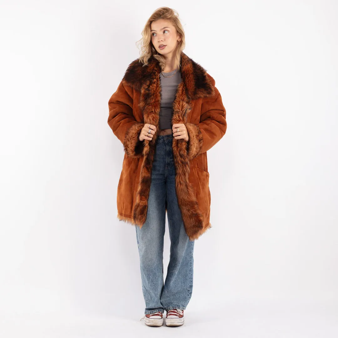 Vintage 80's Women Oversized Shearling Coat in Brown