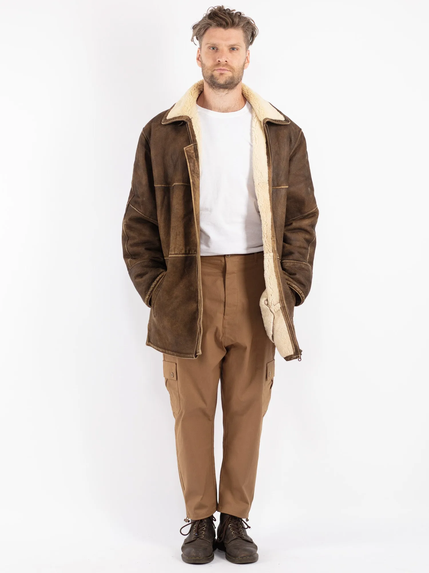 Vintage 90's Men Sheepskin Shearling Coat in Brown