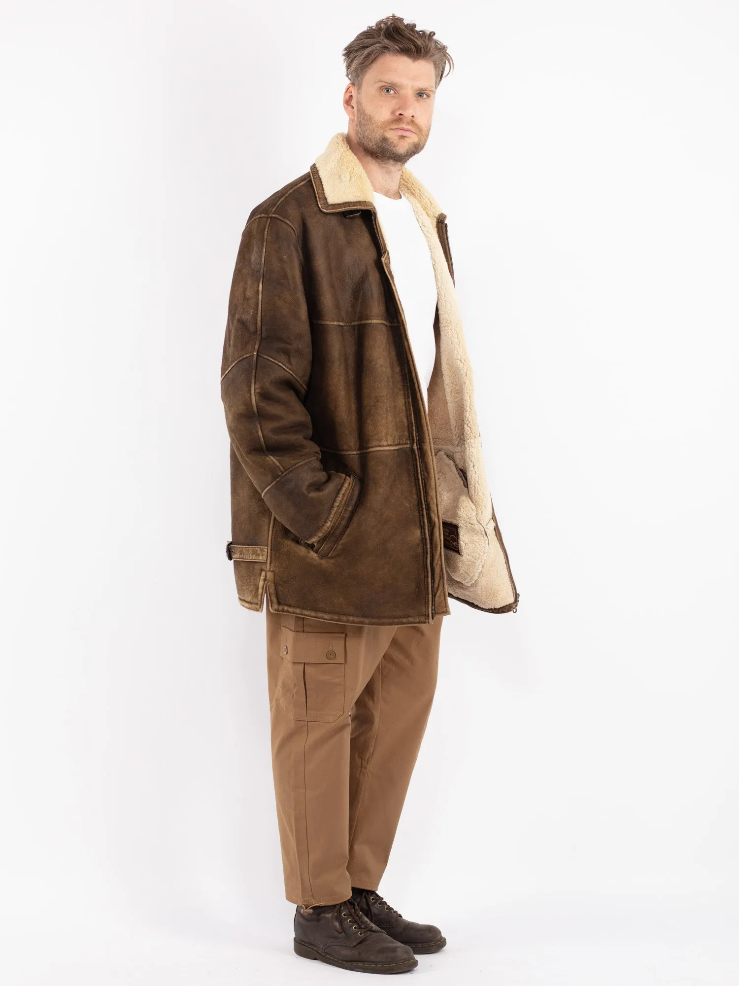 Vintage 90's Men Sheepskin Shearling Coat in Brown