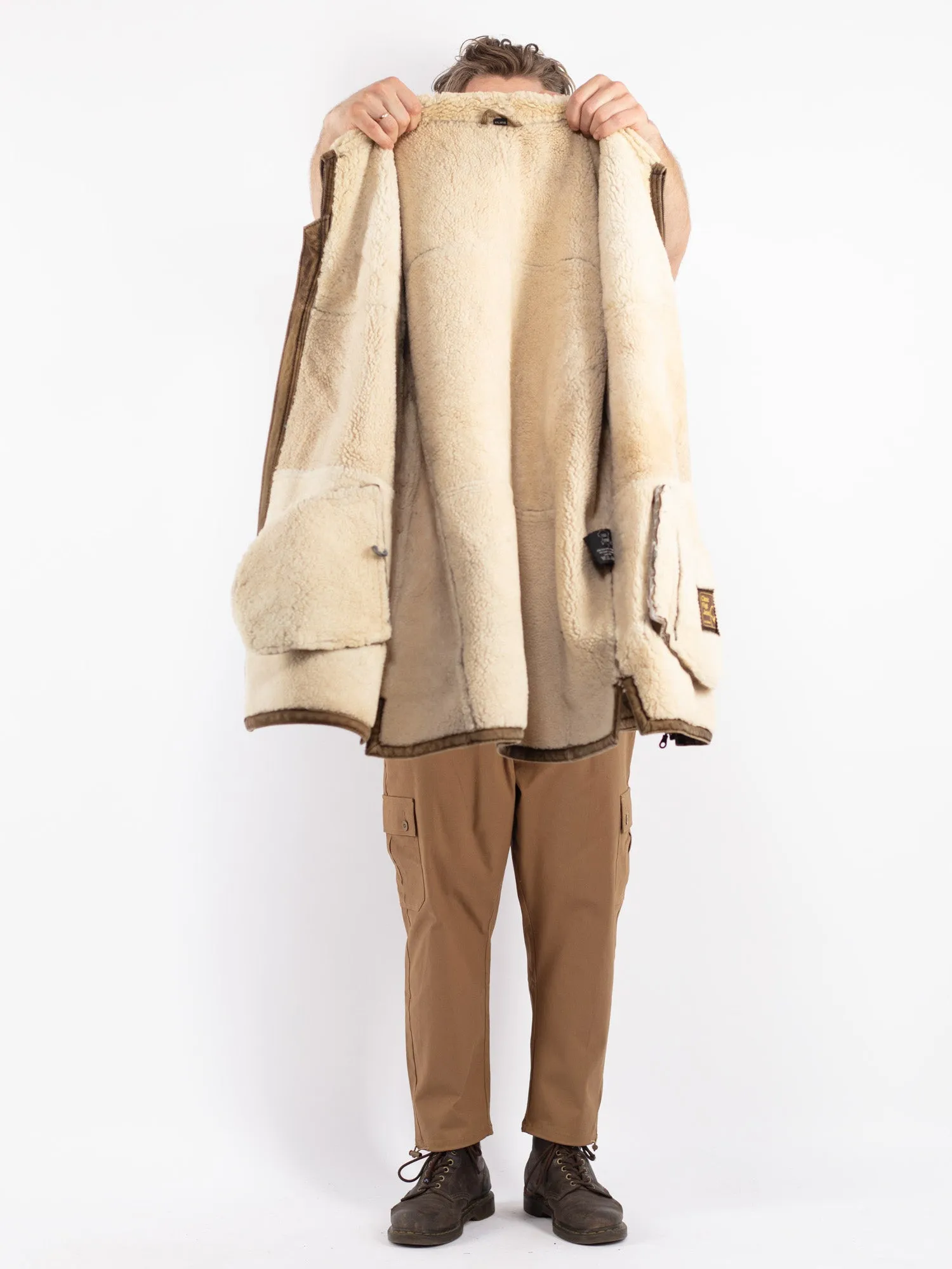 Vintage 90's Men Sheepskin Shearling Coat in Brown