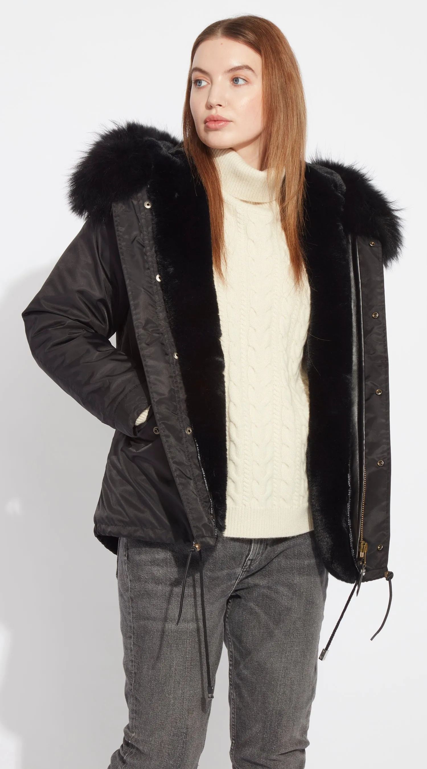 Womens Black Water-Repellent Luxy Fur Parka - Black