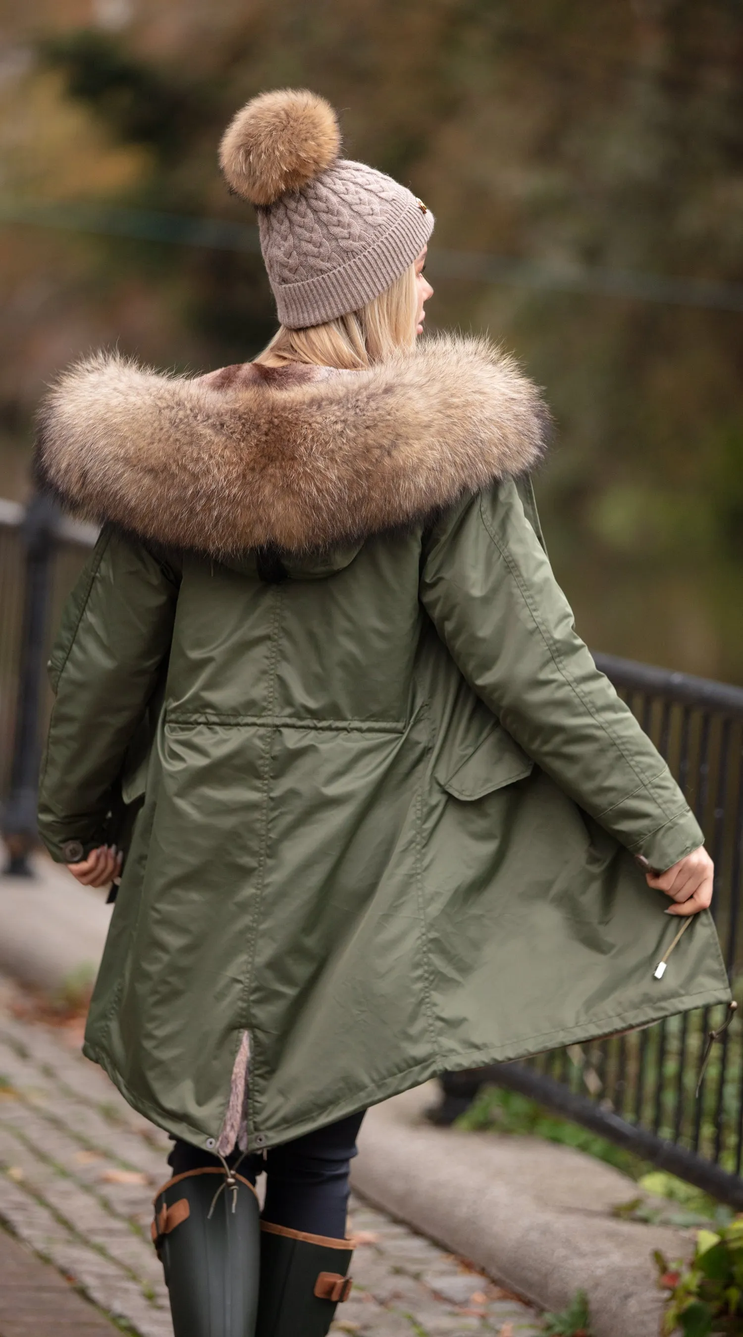 Womens Khaki Water-Repellent Luxy Fur Parka - 3/4 Natural